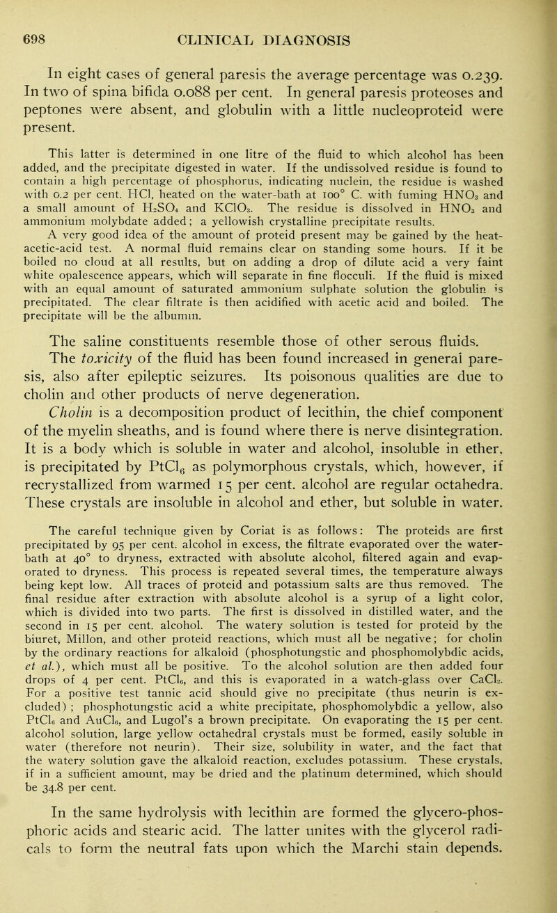 In eight cases of general paresis the average percentage was 0.239. In two of spina bifida 0.088 per cent. In general paresis proteoses and peptones were absent, and globulin with a little nucleoproteid were present. This latter is determined in one litre of the fluid to which alcohol has been added, and the precipitate digested in water. If the undissolved residue is found to contain a high percentage of phosphorus, indicating nuclein, the residue is washed with 0.2 per cent. HCl, heated on the water-bath at 100° C. with fuming HNO3 and a small amount of H2SO4 and KCIO3. The residue is dissolved in HNO3 and ammonium molybdate added; a yellowish crystalline precipitate results. A very good idea of the amount of proteid present may be gained by the heat- acetic-acid test. A normal fluid remains clear on standing some hours. If it be boiled no cloud at all results, but on adding a drop of dilute acid a very faint white opalescence appears, which will separate in fine flocculi. If the fluid is mixed with an equal amount of saturated ammonium sulphate solution the globulin is precipitated. The clear filtrate is then acidified with acetic acid and boiled. The precipitate will be the albumm. The saline constituents resemble those of other serous fluids. The toxicity of the fluid has been found increased in general pare- sis, also after epileptic seizures. Its poisonous qualities are due to cholin and other products of nerve degeneration. Cholin is a decomposition product of lecithin, the chief component of the myelin sheaths, and is found where there is nerve disintegration. It is a body which is soluble in water and alcohol, insoluble in ether, is precipitated by PtClg as polymorphous crystals, which, however, if recrystallized from warmed 15 per cent, alcohol are regular octahedra. These crystals are insoluble in alcohol and ether, but soluble in water. The careful technique given by Coriat is as follows: The proteids are first precipitated by 95 per cent, alcohol in excess, the filtrate evaporated over the water- bath at 40° to dryness, extracted with absolute alcohol, filtered again and evap- orated to dryness. This process is repeated several times, the temperature always being kept low. All traces of proteid and potassium salts are thus removed. The final residue after extraction with absolute alcohol is a syrup of a light color, which is divided into two parts. The first is dissolved in distilled water, and the second in 15 per cent, alcohol. The watery solution is tested for proteid by the biuret, Millon, and other proteid reactions, which must all be negative; for cholin by the ordinary reactions for alkaloid (phosphotungstic and phosphomolybdic acids, et al.), which must all be positive. To the alcohol solution are then added four drops of 4 per cent. PtCle, and this is evaporated in a watch-glass over CaCL. For a positive test tannic acid should give no precipitate (thus neurin is ex- cluded) ; phosphotungstic acid a white precipitate, phosphomolybdic a yellow, also PtCle and AuCle, and Lugol's a brown precipitate. On evaporating the 15 per cent, alcohol solution, large yellow octahedral crystals must be formed, easily soluble in water (therefore not neurin). Their size, solubility in water, and the fact that the watery solution gave the alkaloid reaction, excludes potassium. These crystals, if in a sufficient amount, may be dried and the platinum determined, which should be 34.8 per cent. In the same hydrolysis with lecithin are formed the glycero-phos- phoric acids and stearic acid. The latter unites with the glycerol radi- cals to form the neutral fats upon which the Marchi stain depends.