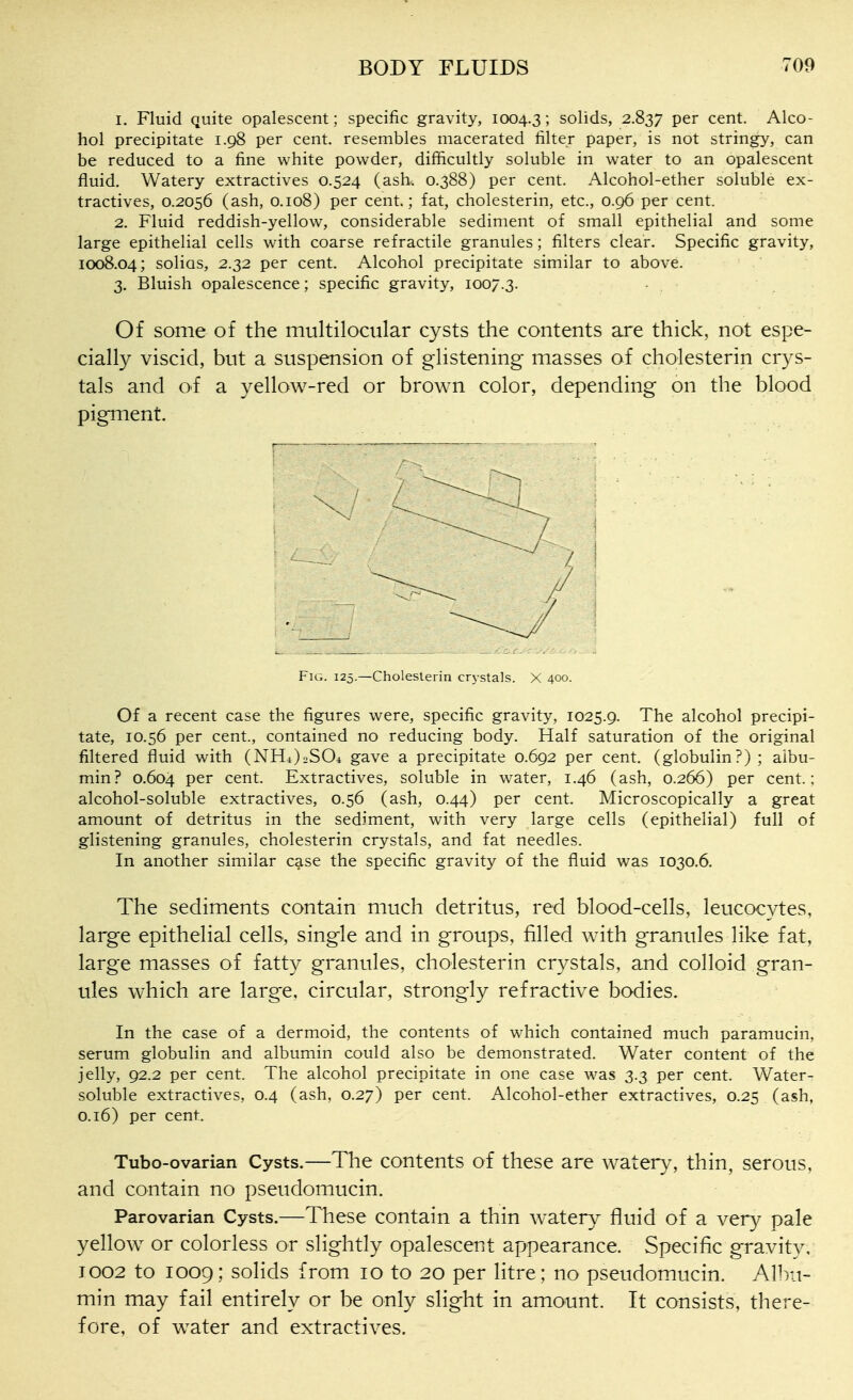1. Fluid quite opalescent; specific gravity, 1004.3; solids, 2.837 per cent. Alco- hol precipitate 1.98 per cent, resembles macerated filter paper, is not stringy, can be reduced to a fine white powder, difficultly soluble in water to an opalescent fluid. Watery extractives 0.524 (ash. 0.388) per cent. Alcohol-ether soluble ex- tractives, 0.2056 (ash, 0.108) per cent; fat, cholesterin, etc., 0.96 per cent. 2. Fluid reddish-yellow, considerable sediment of small epithelial and some large epithelial cells with coarse refractile granules; filters clear. Specific gravity, 1008.04; solios, 2.32 per cent. Alcohol precipitate similar to above. 3. Bluish opalescence; specific gravity, 1007.3. Of some of the multilociilar cysts the contents are thick, not espe- cially viscid, but a suspension of glistening masses of cholesterin crys- tals and of a yellow-red or brown color, depending on the blood pigment. Of a recent case the figures were, specific gravity, 1025.9. The alcohol precipi- tate, 10.56 per cent., contained no reducing body. Half saturation of the original filtered fluid with (NH4)2S04 gave a precipitate 0.692 per cent, (globulin?) ; albu- min? 0.604 P^r cent. Extractives, soluble in water, 1.46 (ash, 0.266) per cent.; alcohol-soluble extractives, 0.56 (ash, 0.44) per cent. Microscopically a great amount of detritus in the sediment, with very large cells (epithelial) full of glistening granules, cholesterin crystals, and fat needles. In another similar case the specific gravity of the fluid was 1030.6. The sediments contain much detritus, red blood-cells, leucocytes, large epithelial cells, single and in groups, filled with granules like fat, large masses of fatty granules, cholesterin crystals, and colloid gran- ules which are large, circular, strongly refractive bodies. In the case of a dermoid, the contents of which contained much paramucin, serum globulin and albumin could also be demonstrated. Water content of the jelly, 92.2 per cent. The alcohol precipitate in one case was 3.3 per cent. Water- soluble extractives, 0.4 (ash, 0.27) per cent. Alcohol-ether extractives, 0.25 (ash, 0.16) per cent. Tubo-ovarian Cysts.—The contents of these are watery^ thin, serous, and contain no pseudomucin. Parovarian Cysts.—These contain a thin watery fluid of a very pale yellow^ or colorless or slightly opalescent appearance. Specific gravity, 1002 to 1009; solids from 10 to 20 per litre; no pseudomucin. Albu- min may fail entirely or be only slight in amount. It consists, there- fore, of w^ater and extractives. Fig. 125.—Cholesterin cr3-sta]s. X 400.