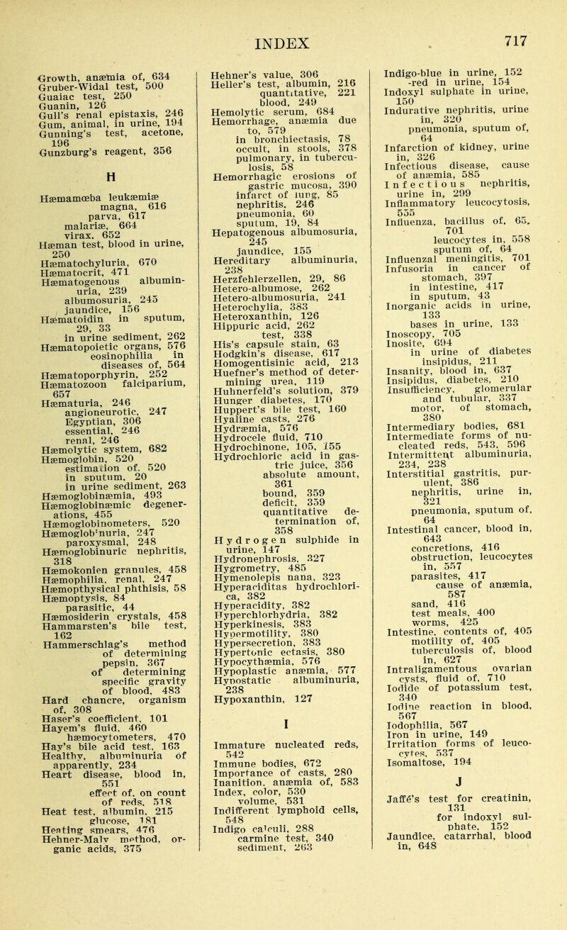 Orowth, anaemia of, 634 Gruber-Widal test, 500 Guaiac test, 250 Guanin, 126 Gull's renal epistaxis, 246 Gum, animal, in urine, 194 Gunning's test, acetone, 196 Gunzburg's reagent, 356 H Hsemamoeba leukasmise magna, 616 parva, 617 malarise, 664 virax. 652 Hseman test, blood in urine, 250 Hsematochyluria, 670 Hsematocrit, 471 Hsematogenous albumin- uria, 239 albumosuria, 245 jaundice, 156 Hsematoidin in sputum, 29, 33 in urine sediment, 262 Haematopoietic organs, 576 eosinophilia in diseases of, 564 Hsematoporphyrin, 252 Hsematozoon falciparium, 657 Hsematuria. 246 angioneurotic, 247 Egyptian, 306 essential, 246 renal, 246 Hsemolytic system, 682 Haemoglobin, 520 estimation of. 520 in sDutum, 20 in urine sediment, 263 Haemoglobinsemia, 493 Haemoglobinaemic degener- ations, 455 Haemoglobinometers, 520 Haemoglob'nuria, 247 paroxysmal, 248 Hsemoglobinuric nephritis, 318 Haemokonien granules, 458 Haemophilia, renal, 247 Haemopthysical phthisis, 58 Haemoptysis. 84 parasitic, 44 Haemosiderin crystals, 458 Hammarsten's bile test, 162 Hammerschlag's method of determining pepsin, 367 of determining specific gravity of blood, 483 Hard chancre, organism of, 308 Haser's coefficient. 101 Hayem's fluid, 460 haemocytometers, 470 Hay's bile acid test, 163 Healthy, albuminuria of apparently, 234 Heart disease, blood in, 551 effect of. on count of reds. 518 Heat test, albumin. 215 glucose, 181 Heating smears, 476 Hehner-Maly method, or- ganic acids, 375 Hehner's value, 306 Heller's test, albumin, 216 quantitative, 221 blood, 249 Hemolytic serum, 684 Hemorrhage, anaemia due to, 579 in bronchiectasis, 78 occult, in stools, 378 pulmonary, in tubercu- losis, 58 Hemorrhagic erosions of gastric mucosa, 390 infarct of lurg, 85 nephritis. 246 pneumonia, 60 sputum, 19, 84 Hepatogenous albumosuria, 245 jaundice, 155 Hereditary albuminuria, 238 Herzfehlerzellen, 29. 86 Hetero-albumose, 262 Hetero-albumosuria, 241 Heterochylia, 383 Heteroxanthin, 126 Hippuric acid, 262 test, 338 His's capsule stain, 63 Hodgkin's disease, 617 Homogentisinic acid, 213 Huefner's method of deter- mining urea, 119 Huhnerfeld's solution, 379 Hunger diabetes, 170 Huppert's bile test, 160 Hyaline casts, 276 Hydraemia, 576 Hydrocele fluid, 710 Hydrochinone, 105, 155 Hydrochloric acid in gas- tric juice, 356 absolute amount, 361 bound, 359 deflcit, 359 quantitative de- termination of, 358 Hydrogen sulphide in urine, 147 Hydronephrosis, 327 Hygrometry, 485 Hymenolepis nana, 323 Hyperaciditas hydrochlori- ca, 382 Hyoeracidity, 382 Hyperchlorhydria, 382 Hyperkinesis, 383 Hypermotility, 380 Hypersecretion, 383 Hypertonic ectasis, 380 Hypocythaemia, 576 Hypoplastic anaemia, 577 Hypostatic albuminuria, 238 Hypoxanthin, 127 I Immature nucleated reds, 542 Immune bodies, 672 Importance of casts, 280 Inanition, anaemia of, 583 Index, color, 530 volume, 531 Indifferent lymphoid cells, 548 Indigo calculi, 288 carmine test, 340 sediment, 263 Indigo-blue in urine, 152 -red in urine, 154 Indoxyl sulphate in urine, 150 Indurative nephritis, urine in, 320 pneumonia, sputum of, 64 Infarction of kidney, urine in, 326 Infectious disease, cause of anaemia, 585 Infectious nephritis, urine in, 299 Inflammatory leucocytosis, 535 Influenza, bacillus of. 65, 701 leucocytes in, 558 sputum of, 64 Influenzal meningitis, 701 Infusoria in cancer of stomach, 397 in intestine, 417 in sputum, 43 Inorganic acids in urine, 133 bases in urine, 133 Inoscopy, 705 Inosite, 694 in urine of diabetes insipidus, 211 Insanity, blood in, 637 Insipidus, diabetes, 210 Insufficiency, glomerular and tubular, 337 motor, of stomach, 380 Intermediary bodies, 681 Intermediate forms of nu- cleated reds, 543, 596 Intermittei\t albuminuria, 234, 228 Interstitial gastritis, pur- ulent, 386 nephritis, urine in, 321 pneumonia, sputum of, 64 Intestinal cancer, blood in, 643 concretions, 416 obstruction, leucocytes in, 557 parasites, 417 cause of anaemia, 587 sand, 416 test meals, 400 worms, 425 Intestine, contents of, 405 motility of, 405 tuberculosis of, blood in, 627 Intraligamentous ovarian cysts, fluid of, 710 Iodide of potassium test, 340 Iodine reaction in blood, 567 lodophilia, 567 Iron in urine, 149 Irritation forms of leuco- cytes, 537 Isomaltose, 194 J Jaffe's test for creatinin, 131 for indoxyl sul- phate. 152 Jaundice, catarrhal, blood in, 648