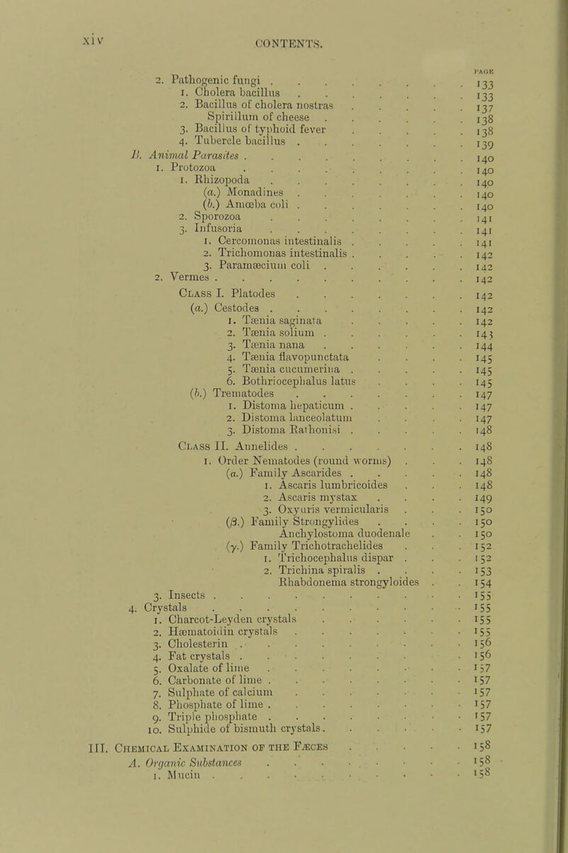 PAOK 2. Pathogenic fungi 1. Cholera bacillus 133 2. Bacillus of cholera nostras 137 Spirillum of cheese 138 3. Bacillus of typhoid fever 138 4. Tubercle bacillus 13Q ]}. Animal Parasites 140 1. Protozoa . . . 140 1. Rhizopoda 140 («.) Monadines 140 (6.) Amoeba coli . 140 2. Sporozoa 141 3. Infusoria 141 1. Cercomonas intestinalis ..... 141 2. Trichomonas intestinalis . . . . 142 3. ParamBecium coli . . . . . .142 2. Vermes 142 Class I. Platodes . . . . . . .142 {a.) Cestodes 142 1. Taenia saginata 142 2. Taenia solium 14 3 3. Taenia nana . . . . • M4 4. Taenia flavopunctata . . . - MS 5. Taenia cucumerina 145 6. Bothriocepbalus latus . . . MS (/).) Treniatodes 147 1. Distoma hepaticum 147 2. Distoma lanceolatum .... 147 3. Distoma Eathonisi 148 Class II. Annelides . . . . .148 I. Order Nematodes (round worms) . . . 148 (a.) Family Ascarides 148 1. Ascaris lumbricoides . . . 148 2. Ascaris mystax . . . • 149 3. Oxyuris vermicularis . . .150 (/3.) Family Strongylides . . . .150 An chylostoma duodenal e . .150 (y.) Family Trichotrachelides . . 152 1. Tiichocephalus dispar . . • >52 2. Trichina spiralis . . . • i53 Rhabdonema strongyloides . 154 3. Insects . . . 155 4. Crystals 15 5 1. Charcot-Leyden crystals 155 2. Hacmatoidin crystals 155 3. Cholesterin .156 4. Fat crystals .156 5. Oxalate of lime • i37 6. Carbonate of lime . . I57 7. Sulphate of calcium . . . . • ■ • >57 8. Phosphate of lime 157 9. Triple pbo.spbate • >57 10. Sulphide of bismuth crystals 157 in. Chemical Examination of the FiECEs 158 A. Organic Substances . . ■ • • • • ' 5^ I. Mucin '5^