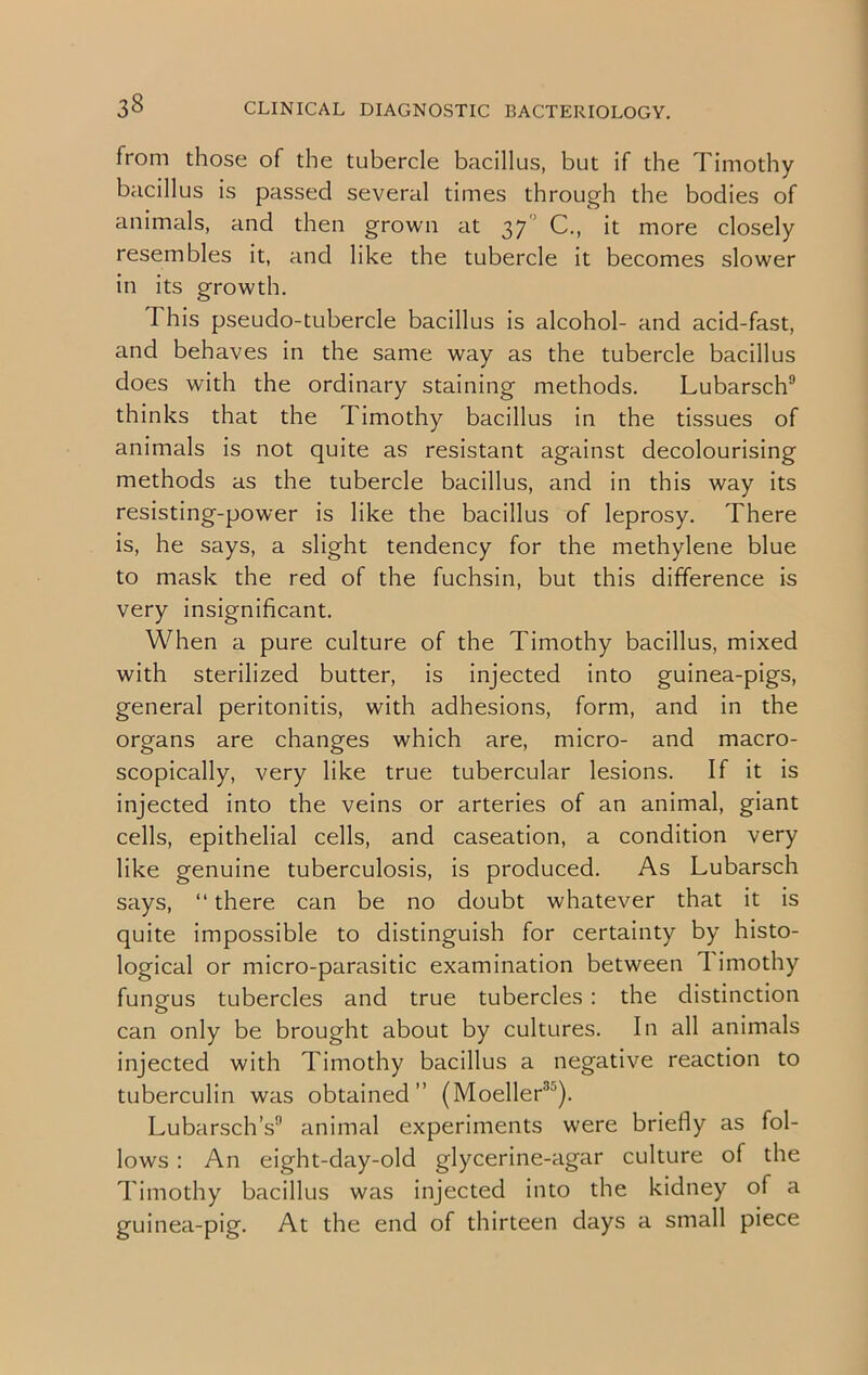 from those of the tubercle bacillus, but if the Timothy bacillus is passed several times through the bodies of animals, and then grown at 37 C., it more closely resembles it, and like the tubercle it becomes slower in its growth. This pseudo-tubercle bacillus is alcohol- and acid-fast, and behaves in the same way as the tubercle bacillus does with the ordinary staining methods. Lubarsch9 thinks that the I imothy bacillus in the tissues of animals is not quite as resistant against decolourising methods as the tubercle bacillus, and in this way its resisting-power is like the bacillus of leprosy. There is, he says, a slight tendency for the methylene blue to mask the red of the fuchsin, but this difference is very insignificant. When a pure culture of the Timothy bacillus, mixed with sterilized butter, is injected into guinea-pigs, general peritonitis, with adhesions, form, and in the organs are changes which are, micro- and macro- scopically, very like true tubercular lesions. If it is injected into the veins or arteries of an animal, giant cells, epithelial cells, and caseation, a condition very like genuine tuberculosis, is produced. As Lubarsch says, “ there can be no doubt whatever that it is quite impossible to distinguish for certainty by histo- logical or micro-parasitic examination between 1 imothy fungus tubercles and true tubercles : the distinction can only be brought about by cultures. In all animals injected with Timothy bacillus a negative reaction to tuberculin was obtained” (Moeller3'). Lubarsch’s9 animal experiments were briefly as fol- lows : An eight-day-old glycerine-agar culture of the Timothy bacillus was injected into the kidney of a guinea-pig. At the end of thirteen days a small piece