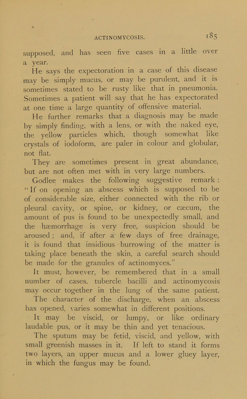 supposed, and has seen five cases in a little over a year. He says the expectoration in a case of this disease may be simply mucus, or may be purulent, and it is sometimes stated to be rusty like that in pneumonia. Sometimes a patient will say that he has expectorated at one time a large quantity of offensive material. He further remarks that a diagnosis may be made by simply finding, with a lens, or with the naked eye, the yellow particles which, though somewhat like crystals of iodoform, are paler in colour and globular, not flat. They are sometimes present in great abundance, but are not often met with in very large numbers. Godlee makes the following suggestive remark : “ If on opening an abscess which is supposed to be of considerable size, either connected with the rib or pleural cavity, or spine, or kidney, or caecum, the amount of pus is found to be unexpectedly small, and the haemorrhage is very free, suspicion should be aroused ; and, if after a few days of free drainage, it is found that insidious burrowing of the matter is taking place beneath the skin, a careful search should be made for the granules of actinomyces.” It must, however, be remembered that in a small number of cases, tubercle bacilli and actinomycosis may occur together in the lung of the same patient. The character of the discharge, when an abscess has opened, varies somewhat in different positions. It may be viscid, or lumpy, or like ordinary laudable pus, or it may be thin and yet tenacious. The sputum may be fetid, viscid, and yellow, with small greenish masses in it. If left to stand it forms two layers, an upper mucus and a lower gluey layer, in which the fungus may be found.