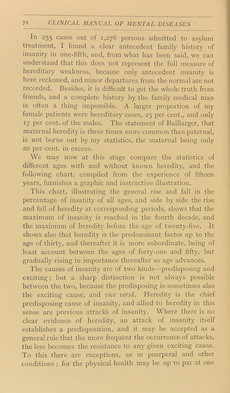 III 255 cases out of 1,276 persons admitted to asylum treatment, I found a clear antecedent family history of insanity in one-fifth, and, from what has been said, we can understand that this does not represent the full measure of hereditary weakness, because only antecedent insanity is here reckoned, and minor departures from the normal are not recorded. Besides, it is ditficult to get the whole truth from friends, and a complete history by the family medical man is often a thing impossible. A larger proportion of my female patients were hereditary cases, 25 per cent., and only 17 per cent, of the males. The statement of Baillarger, that maternal heredity is three times more common than paternal, is not borne out by my statistics, the maternal being only 20 per cent, in excess. We may now at this stage compare the statistics of different ages with and without known heredity, and the following chart, compiled from the experience of fifteen years, furnishes a graphic and instructive illustration. This chart, illustrating the general rise and fall in the percentage of insanity of all ages, and side by side the rise and fall of heredity at corresponding periods, shows that the maximum of insanity is reached in the fourth decade, and the maximum of heredity before the age of twenty-five. It shows also that heredity is the predominant factor up to the age of thirty, and thereafter it is more subordinate, being of least account between the ages of forty-one and fifty, but gradually rising in importance thereafter as age advances. The causes of insanity are of two kinds—predisposing and exciting; but a sharp distinction is not always possible between the two, because the predisposing is sometimes also the exciting cause, and vice versa. Heredity is the chief predisposing cause of insanity, and allied to heredity in this sense are previous attacks of insanity. Where there is no clear evidence of heredity, an attack of insanity itself establishes a predisposition, and it may be accepted as a general rule that the more frequent the occurrence of attacks, the less becomes the resistance to any given exciting cause. To this there are exceptions, as in puerperal and other conditions ; for the physical health may be up to par at one