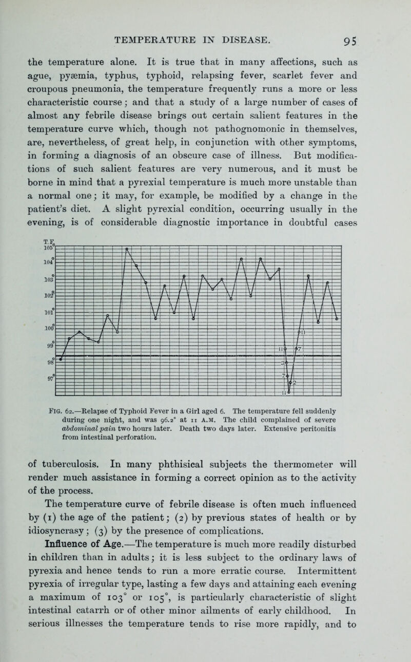 the temperature alone. It is true that in many affections, such as ague, pyaemia, typhus, typhoid, relapsing fever, scarlet fever and croupous pneumonia, the temperature frequently runs a more or less characteristic course; and that a study of a large number of cases of almost any febrile disease brings out certain salient features in the temperature curve which, though not pathognomonic in themselves, are, nevertheless, of great help, in conjunction with other symptoms, in forming a diagnosis of an obscure case of illness. But modifica- tions of such salient features are very numerous, and it must be borne in mind that a pyrexial temperature is much more unstable than a normal one; it may, for example, be modified by a change in the patient's diet. A slight pyrexial condition, occurring usually in the evening, is of considerable diagnostic importance in doubtful cases Fig. 62.—Relapse of Typhoid Fever in a Girl aged 6. The temperature fell suddenly during one night, and was 96.2° at 11 a.m. The child complained of severe abdominal pain two hoars later. Death two days later. Extensive peritonitis from intestinal perforation. of tuberculosis. In many phthisical subjects the thermometer will render much assistance in forming a correct opinion as to the activity of the process. The temperature curve of febrile disease is often much influenced by (i) the age of the patient; (2) by previous states of health or by idiosyncrasy; (3) by the presence of complications. Influence of Age.—The temperature is much more readily disturbed in children than in adults; it is less subject to the ordinary laws of pyrexia and hence tends to run a more erratic course. Intermittent pyrexia of irregular type, lasting a few days and attaining each evening a maximum of 103° or 105°, is particularly characteristic of slight intestinal catarrh or of other minor ailments of early childhood. In serious illnesses the temperature tends to rise more rapidly, and to