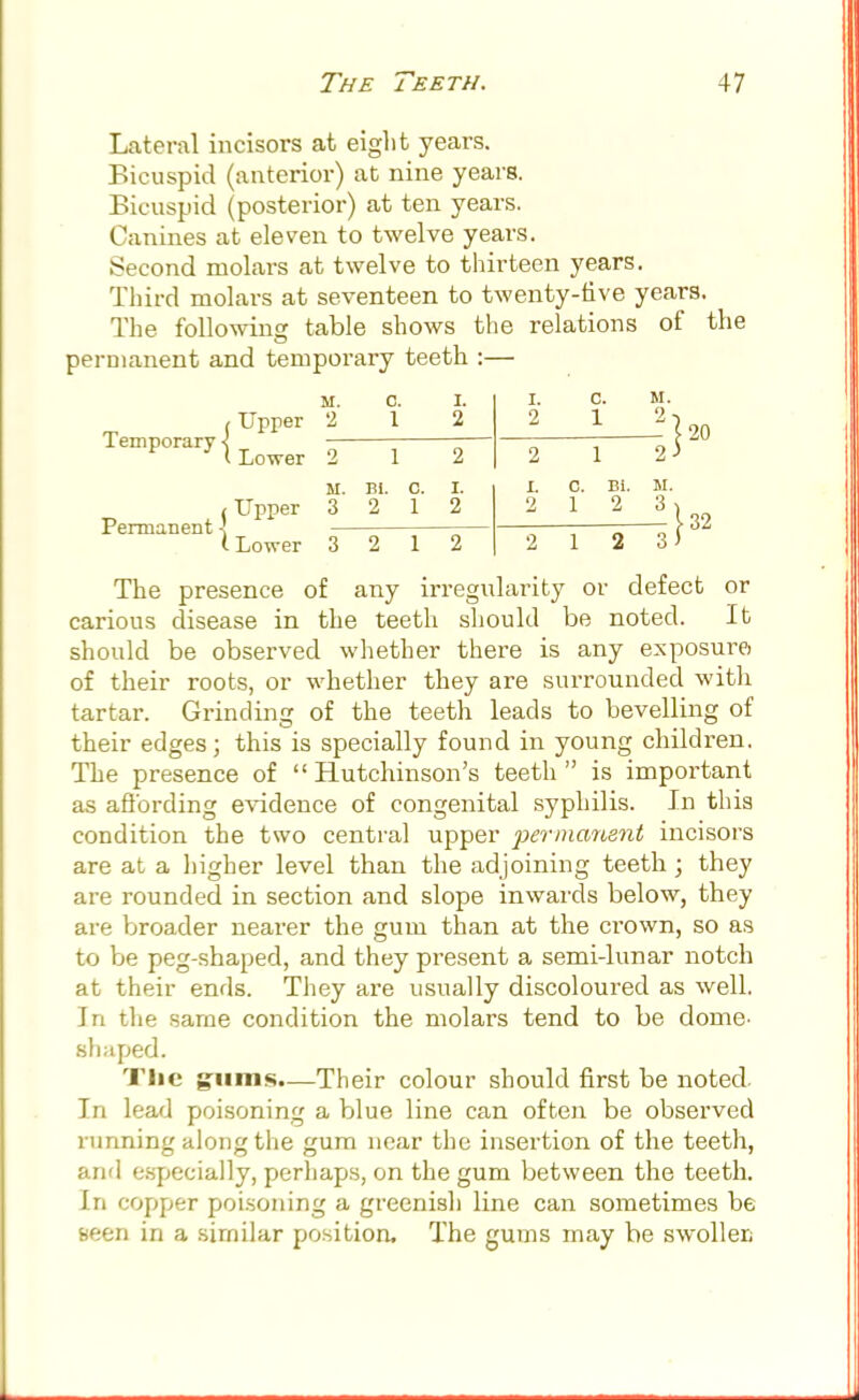 Lateral incisors at eight years. Bicuspid (anterior) at nine years. Bicuspid (posterior) at ten years. Canines at eleven to twelve years. .Second molars at twelve to thirteen years. Third molars at seventeen to twenty-five years. The following table shows the relations of the permanent and temporary teeth :— Temporary Permanent Upper M. 2 c. 1 I. 2 L 2 c. 1 M. 2 Lower 2 1 2 2 1 2 M. Bi. c. i. t c. Bi. H Upper 3 2 1 2 2 1 2 3 Lower 3 2 1 2 2 1 2 3 The presence of any irregularity or defect or carious disease in the teeth should be noted. It should be observed whether there is any exposure of their roots, or whether they are surrounded with tartar. Grinding of the teeth leads to bevelling of their edges; this is specially found in young children. The presence of Hutchinson's teeth is important as affording evidence of congenital syphilis. In this condition the two central upper permanent incisors are at a higher level than the adjoining teeth; they are rounded in section and slope inwards below, they are broader nearer the gum than at the crown, so as to be peg-shaped, and they present a semi-lunar notch at their ends. They are usually discoloured as well, in the same condition the molars tend to be dome, shaped. The gums.—Their colour should first be noted. In lead poisoning a blue line can often be observed running along the gum near the insertion of the teeth, and especially, perhaps, on the gum between the teeth. In copper poisoning a greenish line can sometimes be seen in a similar position. The gums may be swollen