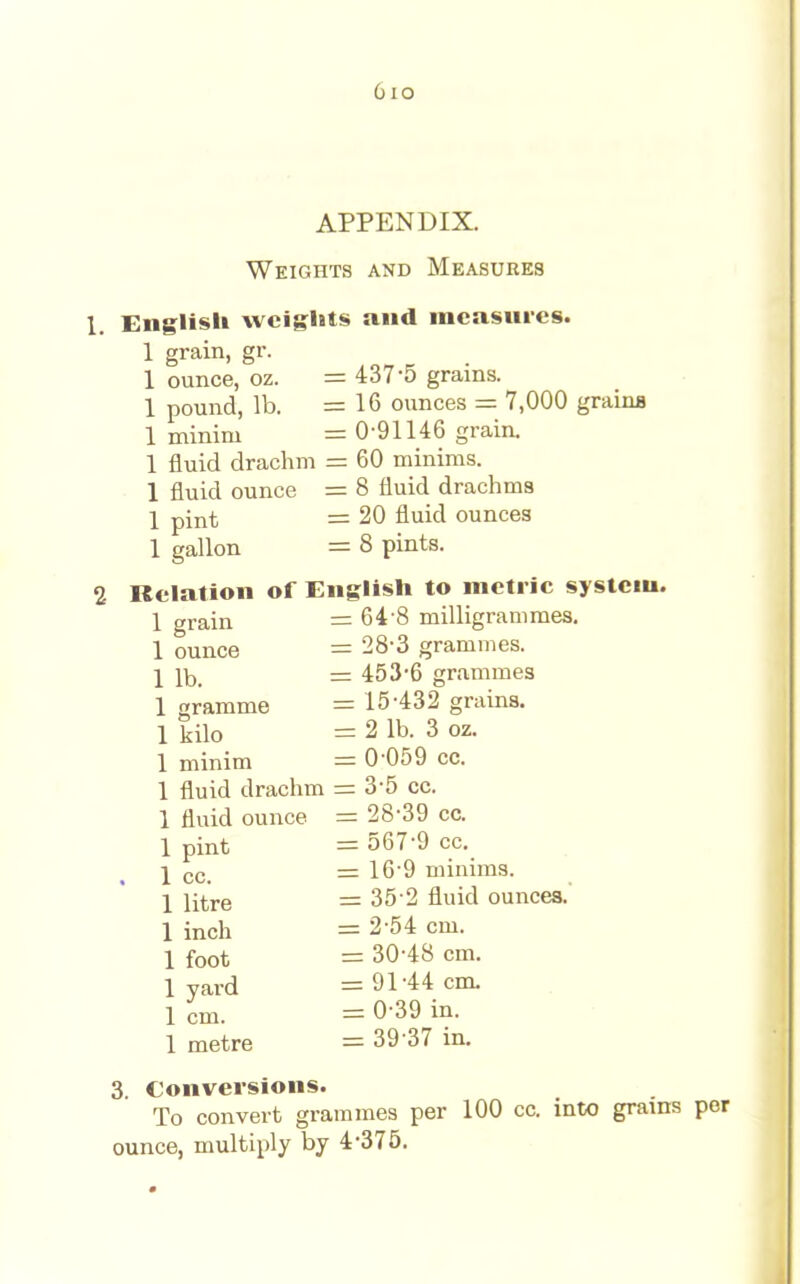 6io APPENDIX. Weights and Measures 1. English weights and measures. 1 grain, gr. 1 ounce, oz. = 4375 grains. 1 pound, lb. =16 ounces = 7,000 grains 1 minim = 0-91146 grain. 1 fluid drachm = 60 minims. 1 fluid ounce = 8 fluid drachma 1 pint = 20 fluid ounces 1 gallon = 8 pints. 2 Relation of English to metric system. 1 grain = 64 8 milligrammes. 1 ounce = 28-3 grammes. \ lb_ = 453*6 grammes 1 gramme = 15-432 grains. 1 kilo = 2 lb. 3 oz. 1 minim = 0-059 cc. 1 fluid drachm = 3-5 cc. 1 fluid ounce = 28-39 cc. 1 pint = 567-9 cc. j cc = 16 9 minims. I litre =35-2 fluid ounces. 1 inch =2-54 cm. 1 foot = 30-48 cm. 1 yard = 91-44 cm. 1 cm. = 0-39 in. 1 metre = 39-37 in. 3 Conversions. To convert grammes per 100 cc. into grams per ounce, multiply by 4-375.