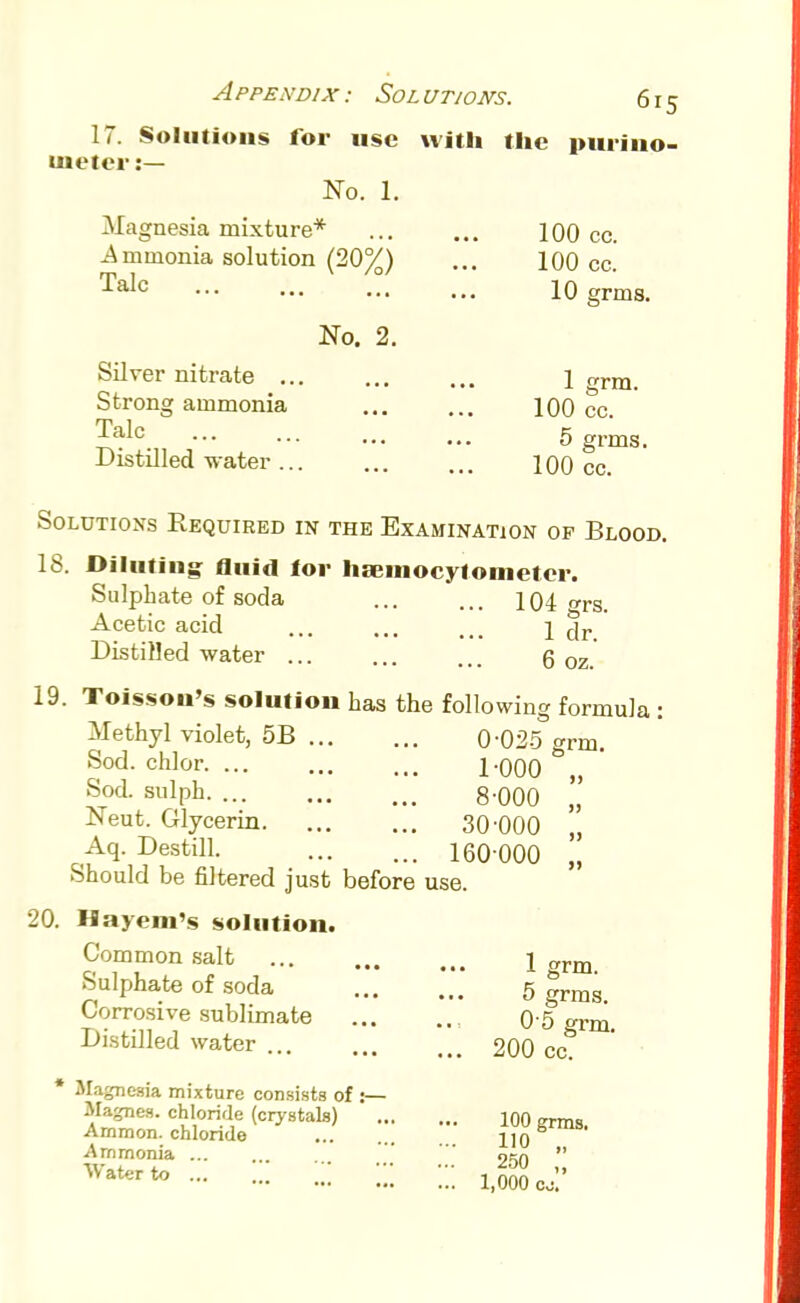 17. Solutions for use with the purino- uietcr:— No. 1. Magnesia mixture* Ammonia solution (20°/) Talc V /a) 100 cc. 100 cc. 10 grms. No. 2. Silver nitrate .. Strong ammonia Talc Distilled water .. 1 grm. 100 cc. 5 grms. 100 cc. Solutions Required in the Examination op Blood. 18. Diluting fluid lor haemocytometer. Sulphate of soda Acetic acid Distilled water . 104 grs. 1 dr. 6 oz. 19. I oisson s solution has the following formula Methyl violet, 5B Sod. chlor. 0-025 grm. Sod. sulph. ... Neut. Glycerin. Aq. Destill. Should be filtered just before use 20. Hayem's solution. Common salt Sulphate of soda Corrosive sublimate Distilled water * Magnesia mixture consists of :— Magnes. chloride (crystals) Ammon. chloride Ammonia ... Water to ... 1-000 8-000 30-000 160000 u >» >> 1 grm. 5 grms. 0 5 grm. 200 cc. 100 grms. 110 „ 250 „ 1,000 co.