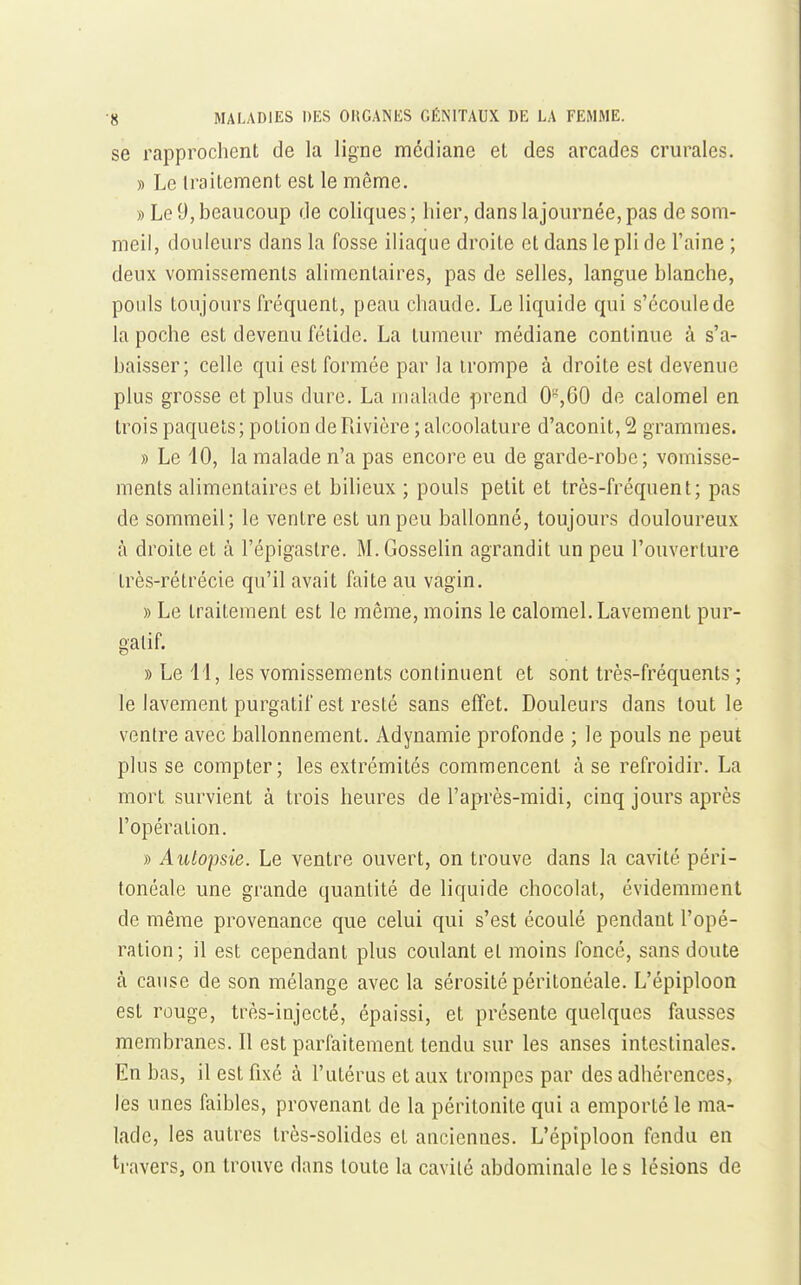 se rapprochent de la ligne médiane et des arcades crurales. » Le traitement est le même. » Le 9, beaucoup de coliques ; hier, dans lajournée, pas de som- meil, douleurs dans la fosse iliaque droite et dans le pli de l'aine ; deux vomissements alimentaires, pas de selles, langue blanche, pouls toujours fréquent, peau chaude. Le liquide qui s'écoulede la poche est devenu fétide. La tumeur médiane continue à s'a- baisser; celle qui est formée par la trompe à droite est devenue plus grosse et plus dure. La malade prend 0',60 de calomel en trois paquets; potion de Rivière ; alcoolature d'aconit, 2 grammes. » Le 10, la malade n'a pas encore eu de garde-robe; vomisse- ments alimentaires et bilieux ; pouls petit et très-fréquent; pas de sommeil; le ventre est un peu ballonné, toujours douloureux à droite et à l'épigastre. M.Gosselin agrandit un peu l'ouverture très-rétrécie qu'il avait faite au vagin. » Le traitement est le même, moins le calomel. Lavement pur- gatif. » Le 11, les vomissements continuent et sont très-fréquents ; le lavement purgatif est resté sans effet. Douleurs dans tout le ventre avec ballonnement. Adynamie profonde ; le pouls ne peut plus se compter; les extrémités commencent à se refroidir. La mort survient à trois heures de l'après-midi, cinq jours après l'opération. » Autopsie. Le ventre ouvert, on trouve dans la cavité péri- tonéale une grande quantité de liquide chocolat, évidemment de même provenance que celui qui s'est écoulé pendant l'opé- ration ; il est cependant plus coulant et moins foncé, sans doute à cause de son mélange avec la sérosité péritonéale. L'épiploon est rouge, très-injecté, épaissi, et présente quelques fausses membranes. Il est parfaitement tendu sur les anses intestinales. En bas, il est fixé à l'utérus et aux trompes par des adhérences, lès unes faibles, provenant de la péritonite qui a emporté le ma- lade, les autres très-solides et anciennes. L'épiploon fendu en travers, on trouve dans toute la cavité abdominale le s lésions de