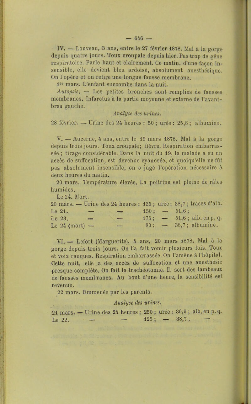 IV. — Louveau, 3 ans, entre le 27 février 1878. Mal à la gorge depuis quatre jours. Toux croupale depuis hier. Pas trop de gêne respiratoire. Parle haut et clairement. Ce matin, d’une façon in- sensible, elle devient bleu ardoisé, absolument anesthésique. On l’opère et on retire une longue fausse membrane. lor mars. L’enfant succombe dans la nuit. Autopsie. — Les petites bronches sont remplies de fausses membranes. Infarctus à la partie moyenne et externe de l’avant- bras gauche. Analyse des urines. 28 février. — Urine des 24 heures : 50 ; urée : 25,8; albumine. V. — Aucerne, 4 ans, entre le 19 mars 1878. Mal à la gorge depuis trois jours. Toux croupale; fièvre. Respiration embarras- sée ; tirage considérable. Dans la nuit du 19, la malade a eu un accès de suffocation, est devenue cyanosée, et quoiqu’elle ne fût pas absolument insensible, on a jugé l’opération nécessaire à deux heures du matin. 20 mars. Température élevée. La poitrine est pleine de râles humides. Le 24. Mort. 20 mars. — Urine des 24 heures : 125 ; urée: 38,7 ; traces d’alb. Le 21. — — 150; — 51,6; — Le 23. — — 175; — 51,6 ; alb. en p. q. Le 24 (mort) — — 80 ; — 38,7; albumine. VI. — Lefort (Marguerite), 4 ans, 20 mars i878. Mal à la gorge depuis trois jours. On l’a fait vomir plusieurs fois. Toux et voix rauques. Respiration embarrassée. On l’amène à l’hôpital. Cette nuit, elle a des accès de sutïocation et une anesthésie presque complète. On fait la trachéotomie. Il sort des lambeaux de fausses membranes. Au bout d’une heure, la sensibilité est revenue, 22 mars. Emmenée par les parents. Analyse des urines. 21 mars. — Urine des 24 heures : 250 ; urée : 30,9 ; alb. en p. q. Le 22. - - 125 ; - 38,7 ; -