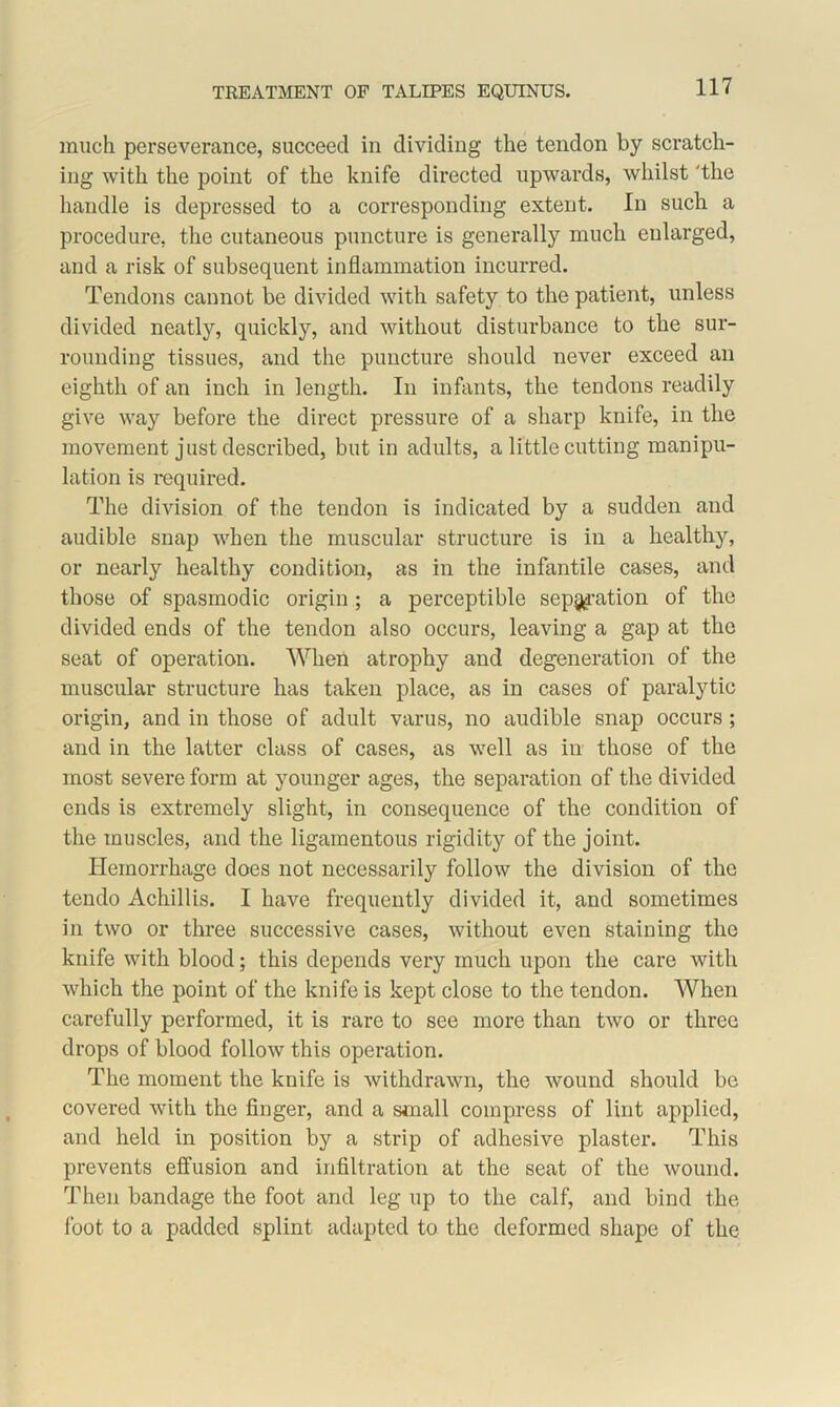much perseverance, succeed in dividing the tendon by scratch- ing with the point of the knife directed upwards, whilst 'the handle is depressed to a corresponding extent. In such a procedure, the cutaneous puncture is generally much enlarged, and a risk of subsequent inflammation incurred. Tendons cannot be divided with safety to the patient, unless divided neatly, quickly, and without disturbance to the sur- rounding tissues, and the puncture should never exceed an eighth of an inch in length. In infants, the tendons readily give way before the direct pressure of a sharp knife, in the movement just described, but in adults, a little cutting manipu- lation is required. The division of the tendon is indicated by a sudden and audible snap when the muscular structure is in a healthy, or nearly healthy condition, as in the infantile cases, and those of spasmodic origin ; a perceptible separation of the divided ends of the tendon also occurs, leaving a gap at the seat of operation. When atrophy and degeneration of the muscular structure has taken place, as in cases of paralytic origin, and in those of adult varus, no audible snap occurs ; and in the latter class of cases, as well as in those of the most severe form at younger ages, the separation of the divided ends is extremely slight, in consequence of the condition of the muscles, and the ligamentous rigidity of the joint. Hemorrhage does not necessarily follow the division of the tendo Achillis. I have frequently divided it, and sometimes in two or three successive cases, without even staining the knife with blood; this depends very much upon the care with which the point of the knife is kept close to the tendon. When carefully performed, it is rare to see more than two or three drops of blood follow this operation. The moment the knife is withdrawn, the wound should be covered with the finger, and a small compress of lint applied, and held in position by a strip of adhesive plaster. This prevents effusion and infiltration at the seat of the wound. Then bandage the foot and leg up to the calf, and bind the foot to a padded splint adapted to the deformed shape of the