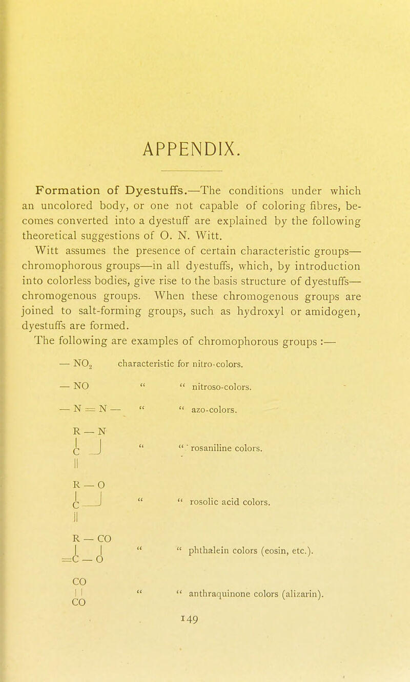 APPENDIX. Formation of DyestufFs.—The conditions under which an uncolored body, or one not capable of coloring fibres, be- comes converted into a dyestuff are explained by the following theoretical suggestions of O. N. Witt, Witt assumes the presence of certain characteristic groups— chromophorous groups—in all dyestuffs, which, by introduction into colorless bodies, give rise to the basis structure of dyestuffs— chromogenous groups. When these chromogenous groups are joined to salt-forming groups, such as hydroxyl or amidogen, dyestulfs are formed. The following are examples of chromophorous groups :— — NO^ characteristic for nitro-colors. — NO   nitroso-colors. — N = N —   azo-colors. R — N C  rosaniline colors. II R —O Ct rosolic acid colors. II R — CO phthalein colors (eosin, etc.). CO CO anthraquinone colors (alizarin).