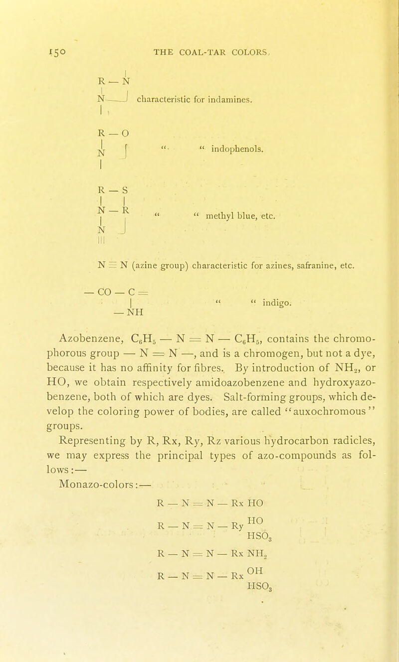 I R — N N^^ 1 characteristic for indamines. R — O jjj J ■  indopfaenols. y ^   methyl blue, etc. N J N = N (azine group) characteristic for azines, safranine, etc. — CO — C z= I   indigo. — NH Azobenzene, CgHj — N = N — QHs, contains the chromo- phorous group — N = N —, and is a chromogen, but not a dye, because it has no affinity for fibres. By introduction of NH^, or HO, we obtain respectively amidoazobenzene and hydroxyazo- benzene, both of which are dyes. Salt-forming groups, which de- velop the coloring power of bodies, are called auxochromous  groups. Representing by R, Rx, Ry, Rz various hydrocarbon radicles, we may express the principal types of azo-compounds as fol- lows :— Monazo-colors: — R — N = N — Rx HO R — N = N — Ry HO HSO R — N = N — Rx NH, R — N = N — Rx OH liSO,