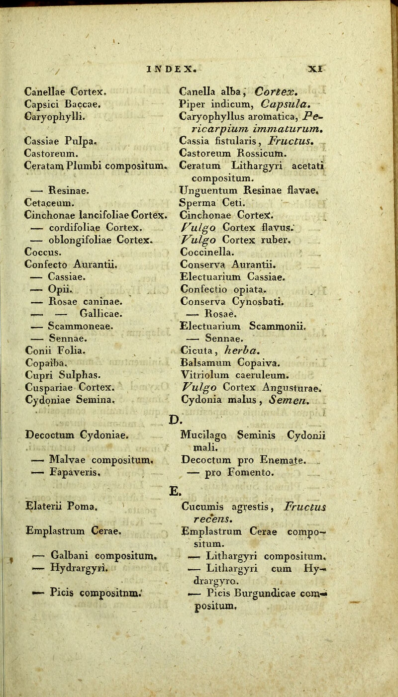 i. Canellae Cortex. Capsici Baccae. Caryophylli. Cassiae Pulpa, Castoreum. Ceratam Plumbi compositum. — Resinae. Cetaceum. Cinchonae lancifoliae Cortex. — cordifoliae Cortex. — oblongifoliae Cortex. Coccus. Confecto Aurantii. — Cassiae. — Opii. — Piosae caninae. — — Gallicae. — Scammoneae. — Sennae. Conii Folia. Copaiba. Cupri Sulphas. Cuspariae Cortex. Cydoniae Semina. Decoctum Cydoniae. ■— Malvae compositum. — Fapaveris, Elaterii Poma, Emplastrum Cerae. -— Galbani compositum. Hydrargyri. — Picis compositnm.' Canella alba, Cortex. Piper indicum, Capsula. Caryophyllus aromatica, Pe- ricarpium immaturum. Cassia fistularis, Fructus. Castoreum Rossicum. Ceratum Lithargyri acetati compositum. Unguentum Resinae flavae. Sperma Ceti. Cinchonae Cortex!. Pulgo Cortex flavus.' Pulgo Cortex ruber. Coccinella. Conserva Aurantii. Electuarium Cassiae. Confectio opiata. Conserva Cynosbati. — Rosae. Electuarium Scammonii. — Sennae. Cicuta, herb a. Balsamum Copaiva. Vitriolum caeruleum. Vulgo Cortex Angusturae. Cydonia malus , Semen. D. Mucilago Seminis Cydouii mali. Decoctum pro Enemate. — pro Fomento. E. Cucumis agrestis, Fructus recens. Emplastrum Cerae compo— situm. —. Lithargyri compositum. — Lithargyri cum Hy— drargyro. .— Picis Burgundicae ccm-* positum.