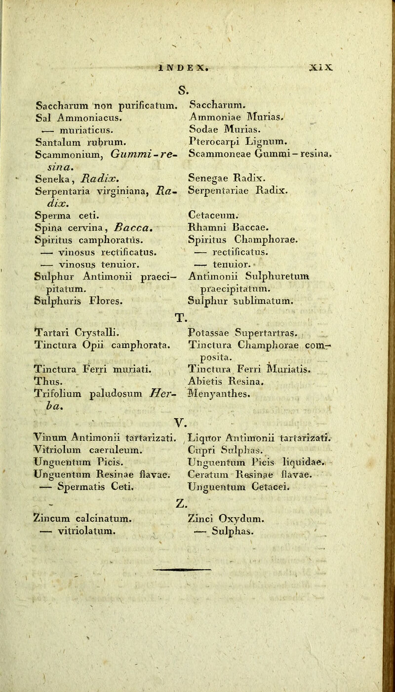 S. Saccharum non purificatum. Sal Ammoniacus. .— muriaticus. Santalum rubrum. Scammonium, Gummi - re~ sin a. Seneka, Radix. Serpentaria virginiana, Ra- dix. Sperma ceti. Spina cervina, Bacca. Spiritus camphoratus. — vinosus rectificatus. •— vinosus tenuior. Sulphur Antimonii praeci— pitatum. Sulphuris Flores. T. Tartari Crystalli. Tinctura Opii camphorata. Tinctura Ferri muriati. Thus. Trifolium paludosmn Her- ba. V. Vinum Antimonii tartarizati. Vitriolum caeruleum. Unguentum Picis. Unguentum Resinae flavae. — Spermatis Ceti. Saccharum. Ammoniae IMurias. Sodae Murias. Pterocarpi Lignum. Scammoneae Gummi-resina. Senegae Radix. Serpentariae Radix. Cetaceum. Rliamni Baccae. Spiritus Champhorae. — rectificatus. —- tenuior. Antimonii Sulphuretum praecipitatum. Sulphur Sublimatum. Potassae Supertartras. Tinctura Champhorae com- posita. Tinctura Ferri Muriatis. Abietis Resina. Menyanthes. Liqiror Antimonii tartarizati. Cupri Sulplias. Unguentum Picis licpiidae. Ceratum Resinae flavae. Unguentum Cetacei. z. Zincum calcinatum. — vitriolatum. Zinci Oxydum. — Sulphas.