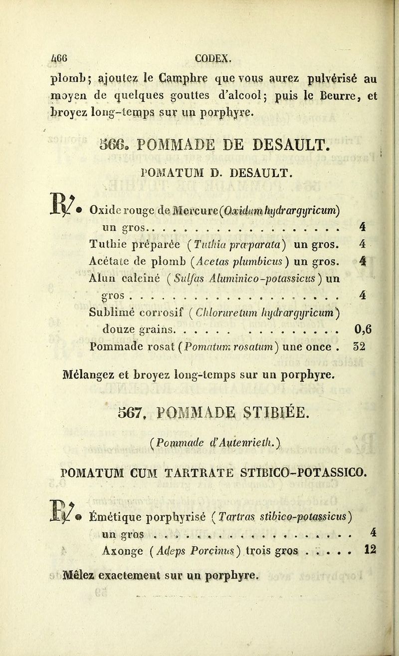 plomb; ajoutez îe Camphre que vous aurez pulvérisé au moyen de quelques gouttes d’alcool; puis le Beurre, et broyez long-temps sur un porphyre. 566, POMMADE DE DESAULT. POMATUM D. DESAULT. IP. Oxide rouge de Mercure(Oxiclumhijdrargyricurri) un gros 4 Tutbie préparée (Tutlna prœparata) un gros. 4 Acétate de plomb (Âcetas plumbicus ) un gros. 4 Alun calciné (Sulfas Âluniinico-potassicus) un gros 4 Sublimé corrosif ( Chloruretum hydrargyricum) douze grains 0,6 Pommade rosat ( Pomatum, rosatum) une once . 52 Mélangez et broyez long-temps sur un porphyre. 567, POMMADE STIBIÉE. (Pommade cl’Autenrieth.) POMATUM CUM TARTRATE STÏBICO-POTASSICO. w © Émétique porphyrisé ( Tariras stibico-potassicus) un gros 4 Axonge ( Adeps Porcinus) trois gros ..... 12 Mêlez exactement sur un porphyre.