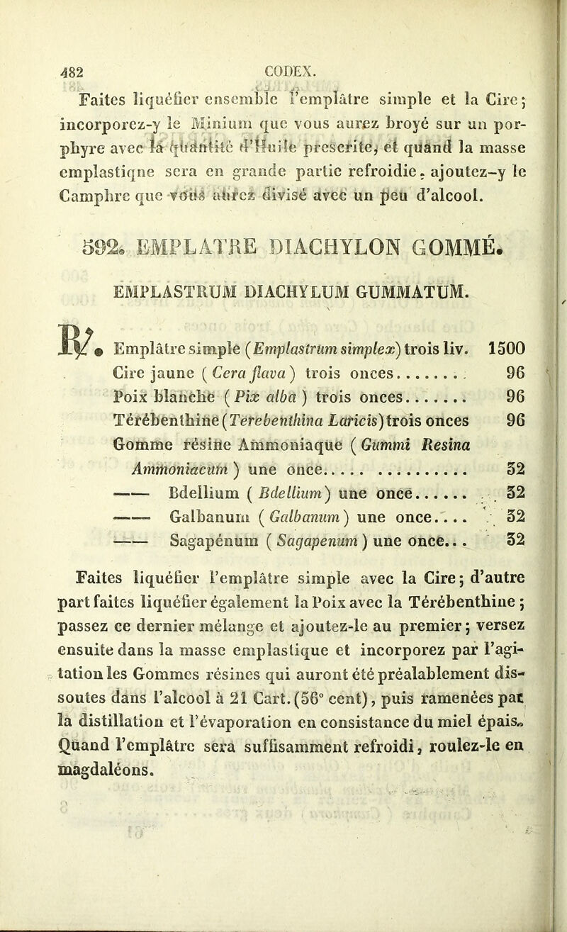 Faites liquéfier ensemble l’emplâtre simple et la Cire; incorporez-y le Minium que vous aurez broyé sur un por- phyre avec ià quantité d’Ruile prescrite* et quand la masse empiastiqne sera en grande partie refroidie. ajoutez-y le Camphre que voilà aurez divisé avec un peu d’alcool. 592. EMPLATRE DIACHYLON GOMMÉ. EMPLASTRUM DIACHYLUM GUMMATUM. Emplâtre simple (Emplasîrum simplex) trois liv. Cire jaune ( Cera flava ) trois onces Poix blanche ( Pix alba ) trois onces Térébenthine(Terebentlüna Lands)trois onces Gomme résine Ammoniaque ( Gummi Résina Ammoniacura ) une once Bdellium ( Bdellium) une once Galbanum ( Galbanum ) une once.... Sagapénùm ( Sagapenum ) une once... 1500 96 96 96 52 . 52 V 52 52 Faites liquéfier l’emplâtre simple avec la Cire; d’autre part faites liquéfier également la Poix avec la Térébenthine ; passez ce dernier mélange et ajoutez-le au premier; versez ensuite dans la masse emplaslique et incorporez par l’agi- tation les Gommes résines qui auront été préalablement dis- soutes dans l’alcool à 21 Cart. (56° cent), puis ramenées pat la distillation et l’évaporation en consistance du miel épais« Quand l’emplâtre sera suffisamment refroidi, roulez-le en magdaléons.