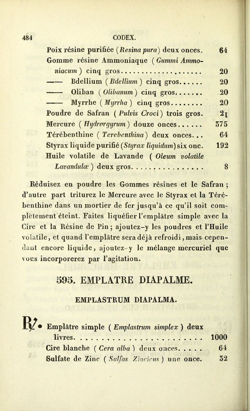 Poix résine purifiée (Resina pura) deux onces. 64 Gomme résine Ammoniaque ( Gummi Ammo- niacum ) cinq gros 20 Bdellium ( Bdellium ) cinq gros 20 Oliban ( Olibanum) cinq gros 20 Myrrhe ( Myrrlia ) cinq gros 20 Poudre de Safran ( Pulvis Croci) trois gros. 2j Mercure ( Hydrargyrum ) douze onces 575 Térébenthine ( Terebenthina) deux onces... 64 Styrax liquide purifié (Styrax liquidum) six one. 192 Huile volatile de Lavande ( Oleum volatile Lavandulœ ) deux gros 8 Réduisez en poudre les Gommes résines et le Safran ; d’autre part triturez le Mercure avec le Styrax et la Téré- benthine dans un mortier de fer jusqu’à ce qu’il soit com- plètement éteint. Faites liquéfier l’emplâtre simple avec la Cire et la Résine de Pin; ajoutez-y les poudres et l’Huile volatile, et quand l’emplâtre sera déjà refroidi, mais cepen- dant encore liquide, ajoutez-y le mélange mercuriel que vous incorporerez par l’agitation. S95. EMPLATRE DIAPALME. EMPLASTRUM DIAPALMA. w • Emplâtre simple ( Emplastrum simplex ) deux livres 1000 Cire blanche ( Cera alba ) deux onces 64 Sulfate de Zinc ( Sulfas Zincicus ) une once. 52