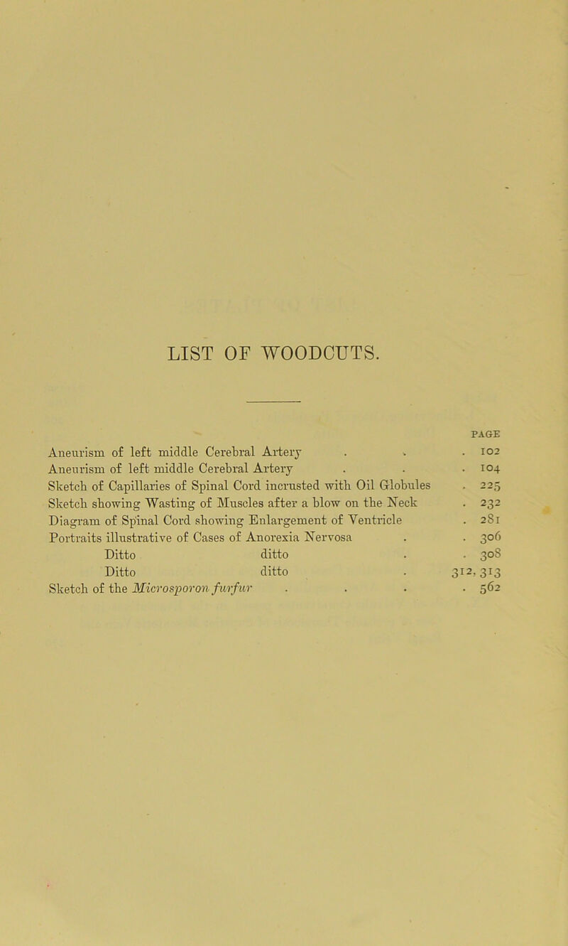 LIST OF WOODCUTS. PAGE Aneurism of left middle Cerebral Artery . * . 102 Aneurism of left middle Cerebral Artery . . . 104 Sketch of Capillaries of Spinal Cord incrusted with Oil Globules . 225 Sketch showing Wasting of Muscles after a blow on the Neck . 232 Diagram of Spinal Cord showing Enlargement of Ventricle . 281 Portraits illustrative of Cases of Anorexia Nervosa . . 306 Ditto ditto . . 308 Ditto ditto . 312,313 Sketch of the Micro spor on furfur .... 562