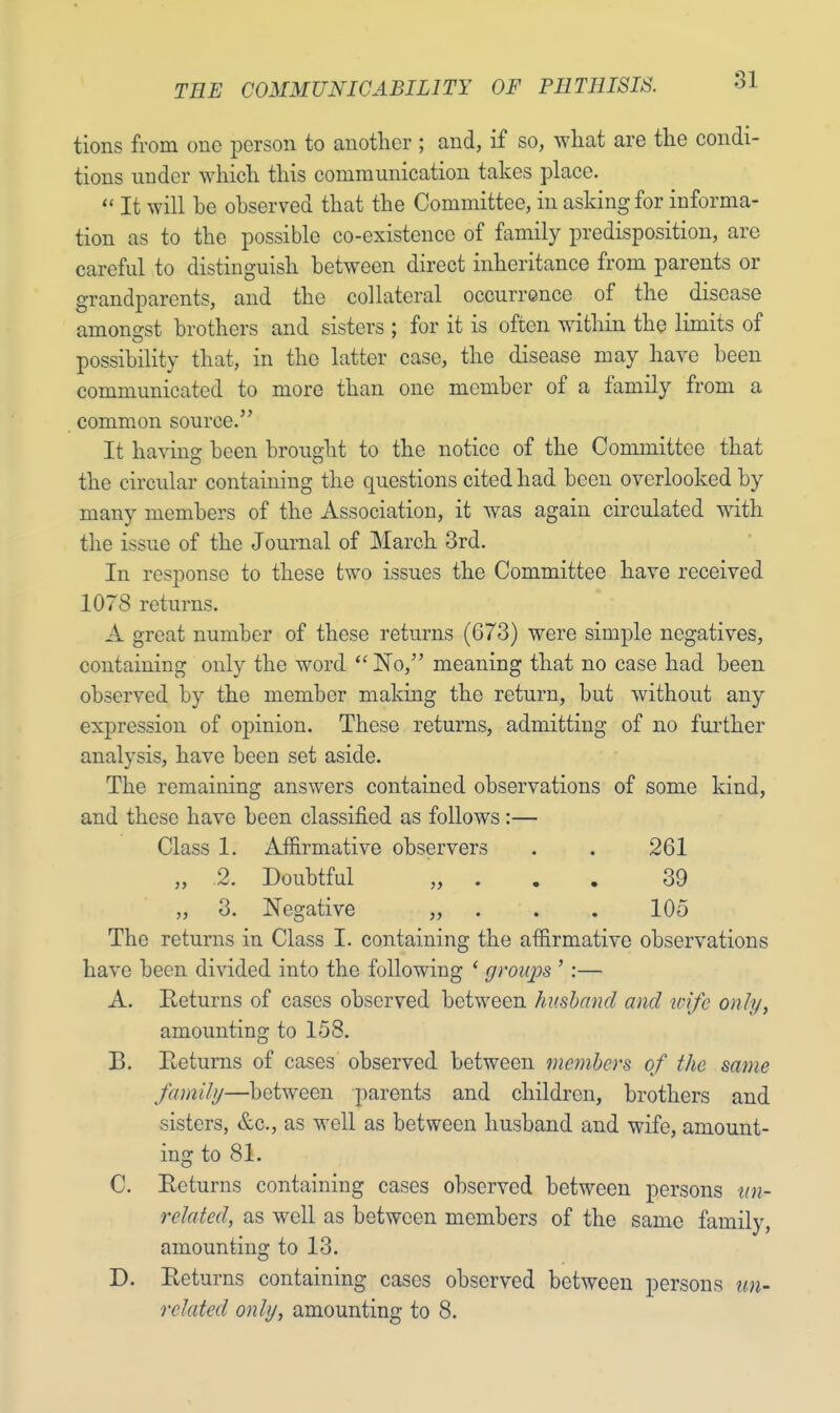 tions from one person to another ; and, if so, what are the condi- tions under which this communication takes place.  It will be observed that the Committee, in asking for informa- tion as to the possible co-existence of family predisposition, are careful to distinguish between direct inheritance from parents or grandparents, and the collateral occurrence of the disease amongst brothers and sisters ; for it is often within the limits of possibility that, in the latter case, the disease may have been communicated to more than one member of a family from a common source. It having been brought to the notice of the Committee that the circular containing the questions cited had been overlooked by many members of the Association, it was again circulated with the issue of the Journal of March 3rd. In response to these two issues the Committee have received 1078 returns. A great number of these returns (673) were simple negatives, containing only the word  No, meaning that no case had been observed by the member making the return, but without any expression of opinion. These returns, admitting of no further analysis, have been set aside. The remaining answers contained observations of some kind, and these have been classified as follows:— Class 1. Affirmative observers . . 261 ,, .2. Doubtful „ 39 „ 3. Negative „ 105 The returns in Class I. containing the affirmative observations have been divided into the following ' groiqos ':— A. Returns of cases observed between husband and irifc on///, amounting to 158. B. Returns of cases observed between members of the same family—between parents and children, brothers and sisters, &c, as well as between husband and wife, amount- ing to 81. C. Returns containing cases observed between persons un- related, as well as between members of the same family, amounting to 13. D. Returns containing cases observed between persons un-