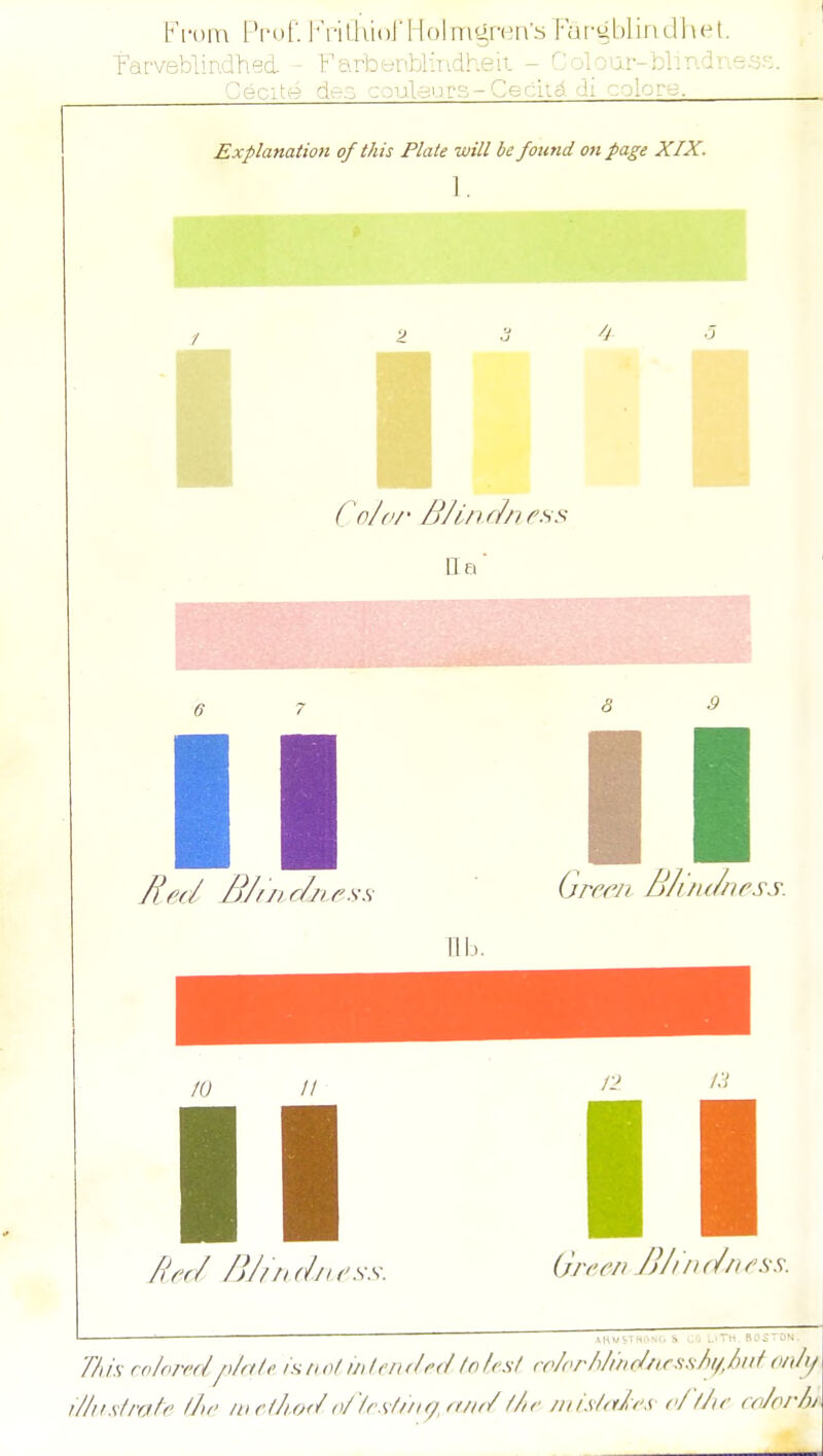 Fi-uiu IVof. I'VitluoJ'l lolmgrcii'b Kai-sihliiidhel. Parveblindhed - Farbfanblndheit - Colour-blmdnsss. Gecite dez couleucs-CecIigi di colore. Explanation of this Plate will be found on page XIX. 1. Co/o/- Blindness Ha' Bed BJincIjie.ss firr/ /)Jf/i(hi('ss. GreeJi Bli/u/ness. Ore en /J/i/u/ness. 7'/i is ro/<irr'f/p/f(le /s // o/ m I en <h(/ lo Irsl n>/orMh(//i.r.i.s/)f/,/)iif on/if