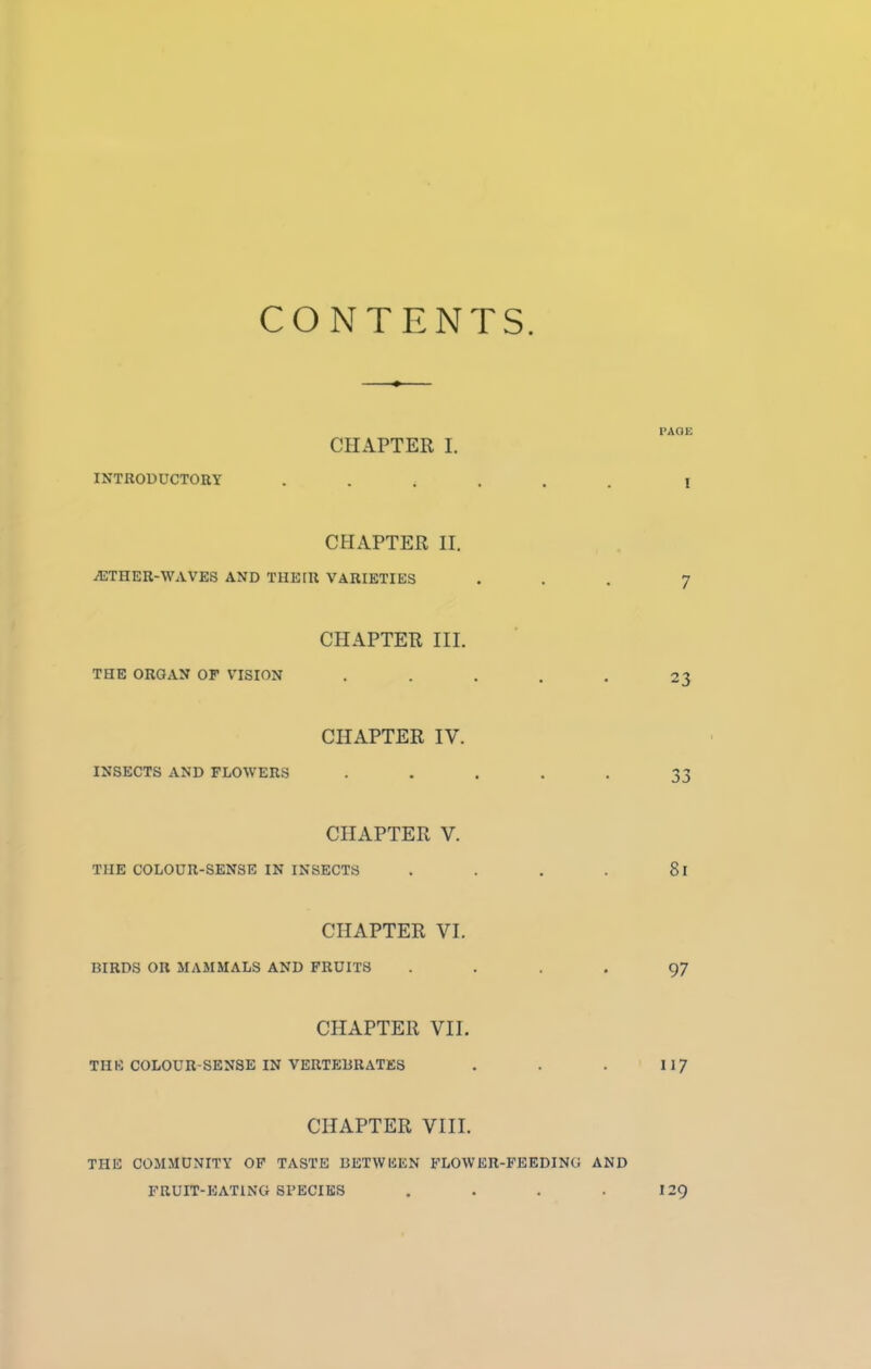 CONTENTS PAGE CHAPTER I. INTRODUCTORY ...... i CHAPTER II. AETHER-WAVES AND THErU VARIETIES ... 7 CHAPTER III. THE ORGAN OF VISION ..... 23 CHAPTER IV. INSECTS AND FLOWERS 33 CHAPTER V. THE COLOUR-SENSE IN INSECTS . . . . 81 CHAPTER VI. BIRDS OR MAMMALS AND FRUITS .... 97 CHAPTER VII. THE COLOUR-SENSE IN VERTEBRATES . . . 117 CHAPTER VIII. THE COMMUNITY OF TASTE BETWEEN FLOWER-FEEDING AND FRUIT-EATING SPECIES . . . 129