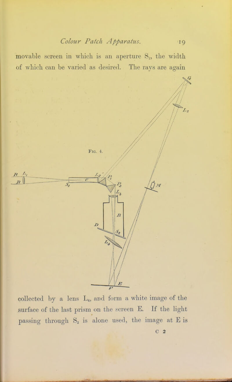 movjil)le screen in which is nii aperture the width of which can be varied as desired. The ravs are ao-ain v' O collected by a lens L4, and form a white image of the surface of the last prism on the screen E. If the light passing through S2 is alone used, the image at E is c 2