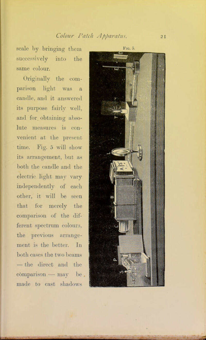 scale l)y briiioiiio- them successively into the same colour. Originally the com- parison light was a caudle, and it answered its purpose fairly well, and for obtainimr abso- lute measures is con- venient at the present time. Fio-. 5 will show O its arrangement, but as both the candle and the electric light mav vary independently of each other, it will be seen that for merely the comparison of the dif- ferent spectrum colours, the previous arrange- ment is the better. In both cases the two beams — the direct and the comparison —• may be made to cast shadows