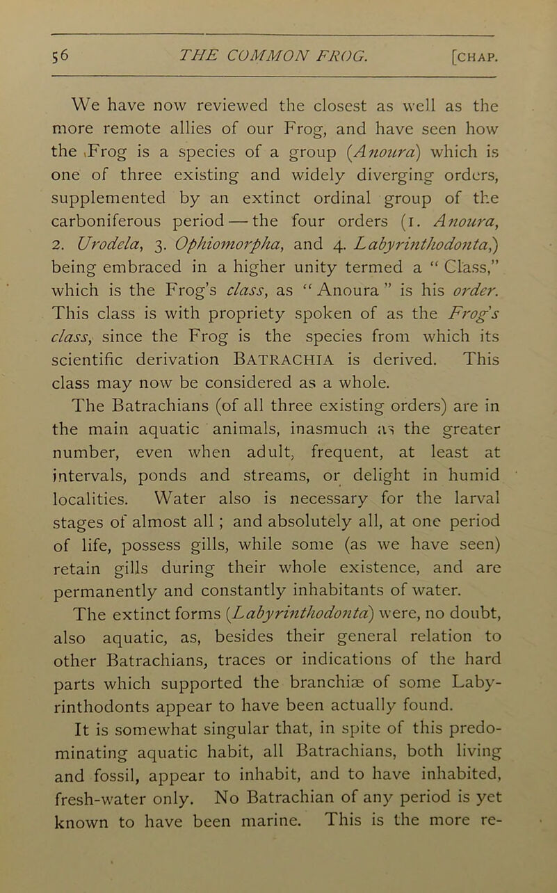 We have now reviewed the closest as well as the more remote allies of our Frog, and have seen how the vFrog is a species of a group (Anoura) which is one of three existing and widely diverging orders, supplemented by an extinct ordinal group of the carboniferous period — the four orders (i. Anoura, 2. Urodcla, 3. Ophiomorpha, and 4. Labyrinthodonta',) being embraced in a higher unity termed a “ Class,” which is the Frog’s class, as “Anoura” is his order. This class is with propriety spoken of as the Frogs class, since the Frog is the species from which its scientific derivation BATRACHIA is derived. This class may now be considered as a whole. The Batrachians (of all three existing orders) are in the main aquatic animals, inasmuch as the greater number, even when adult, frequent, at least at intervals, ponds and streams, or delight in humid localities. Water also is necessary for the larval stages of almost all ; and absolutely all, at one period of life, possess gills, while some (as we have seen) retain gills during their whole existence, and are permanently and constantly inhabitants of water. The extinct forms (Labyrinthodonta) were, no doubt, also aquatic, as, besides their general relation to other Batrachians, traces or indications of the hard parts which supported the branchiae of some Laby- rinthodonts appear to have been actually found. It is somewhat singular that, in spite of this predo- minating aquatic habit, all Batrachians, both living and fossil, appear to inhabit, and to have inhabited, fresh-water only. No Batrachian of any period is yet known to have been marine. This is the more re-