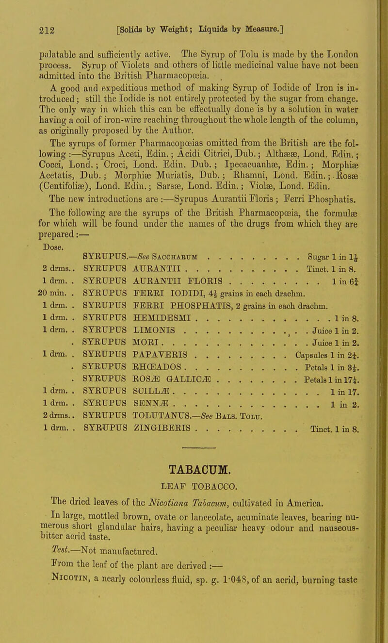 palatable and sufficiently active. The Syrup of Tolu is made by the London process. Syrup of Violets and others of little medicinal value have not been admitted into the British Pharmacopceia. A good and expeditious method of making Syrup of Iodide of Iron is in- troduced ; still the Iodide is not entirely protected by the sugar from change. The only way in wliich this can be effectually done is by a solution in water having a coil of iron-wire reaching throughout the whole length of the column, as originally proposed by the Author. The syrups of former Pharmacopoeias omitted from the British are the fol- lowing :—Syrupus Aceti, Edin.; Acidi Citrici, Dub.; Althseae, Loud. Edin.; Cocci, Lond.; Croci, Lond. Edin. Dub.; Ipecacuanhse, Edin.; Morphiae Acetatis, Dub.; Morphiae Muriatis, Dub.; Rhamni, Lond. Edin.;.Eos8e (Centifoliae), Lond. Edin.; Sarsse, Lond. Edin.; Violee, Lond. Edin. The new introductions are :—Syrupus Aurantii Floris; Ferri Phosphatis. The following are the syrups of the British Pharmacopoeia, the formulae for which will be found under the names of the drugs from which they are prepared:— Dose. SYRUPUS.—5ee Saochabum Sugar 1 in 1^ 2 drms.. SYEUPUS AURANTII Tinct. 1 in 8. 1 drm. . SYRUPUS AURANTII PLORIS 1 in 6| 20 mill. . SYRUPUS FERRI lODIDI, 4i grains in each drachm. 1 drm. . SYRUPUS FERRI PHOSPHATIS, 2 grains in each drachm. 1 drm. . SYRUPUS HEMIDESMI 1 in 8. 1 drm. . SYRUPUS LIMONIS ^ . . Juice 1 in 2. . SYRDPUS MORI ' . . Juice 1 in 2. 1 drm. . SYRUPUS PAPAVERIS Capsules 1 in 2i. . SYRUPUS RHCEADOS Petals 1 in 3i. . SYRUPUS ROSiE Q-ALLIC^ Petals 1 in m. 1 drm. . SYRUPUS SCILL^ 1 in 17. 1 di-m. . SYRUPUS SENN^ 1 in 2. 2drms.. SYRUPUS TOLUTANUS.—See Bais. Tolu. 1 drm. . SYRUPUS ZINGIBERIS Tinct. 1 in 8. TABACUM. LEAF TOBACCO. The dried leaves of the Nicotiana Tabacum., cultivated in America. In large, mottled brown, ovate or lanceolate, acuminate leaves, bearing nu- merous short glandidar hairs, having a peculiar heavy odour and nauseous- bitter acrid taste. Test.—'Eot manufactured. From the leaf of the plant are derived :— NicoTiN, a nearly colourless fluid, sp. g. 1-048, of an acrid, burning taste