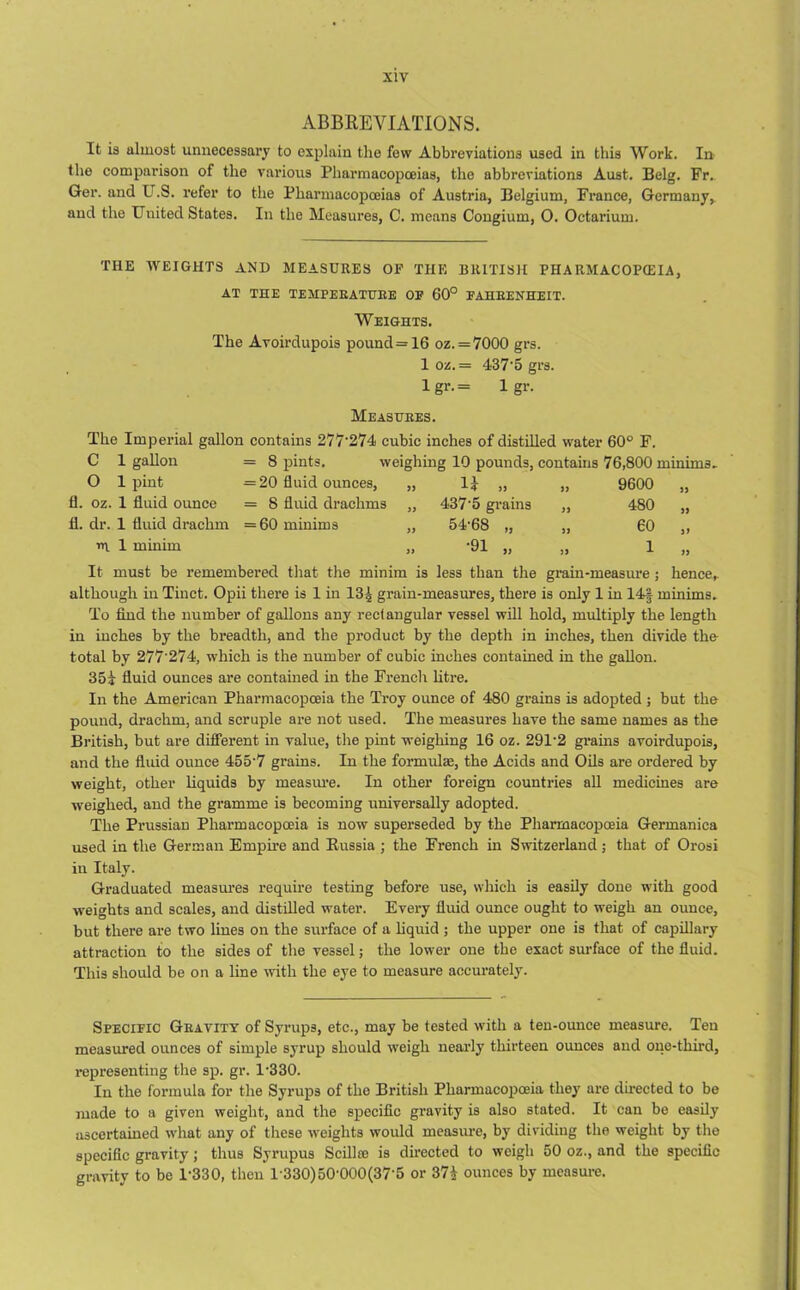 ABBREVIATIONS. It is ulrnost unnecessary to explain the few Abbreviations used in this Work. In the comparison of the various Pharmacopoeias, the abbreviations Aust. Belg. Fr.. Ger. and U.8. refer to the Pharmacopoeias of Austria, Belgium, France, Germany,, and the United States. In the Measures, C. means Congium, 0. Octarium. THE WEIGHTS AND MEASURES OF THE BRITISH PHARMACOPOEIA, AT THE TEMPERATURE OF 60° FAHRENHEIT. Weights. The Avoirdupois pound =16 oz. = 7000 grs. 1 oz.= 437-5 grs. lgr.= 1 gr. Measures. The Imperial gallon contains 277'274 cubic inches of distilled water 60° F. C 1 gallon = 8 pints. weighing 10 pounds, contains 76,800 minims. O 1 pint = 20 fluid ounces, „ 1J „ „ 9600 „ fl. oz. 1 fluid ounce = 8 fluid drachms „ 437'5 grains ,, 480 „ fl. dr. 1 fluid drachm =60 minims „ 54-68 „ „ 60 „ m 1 minim „ -91 „ „ 1 „ It must be remembered that the minim is less than the grain-measure ; hence, although in Tinct. Opii there is 1 in 13^ grain-measures, there is only 1 in 14| minims. To find the number of gallons any rectangular vessel will hold, multiply the length in inches by the breadth, and the product by the depth in inches, then divide the total by 277'274, which is the number of cubic inches contained in the gallon. 35i fluid ounces are contained in the French litre. In the American Pharmacopoeia the Troy ounce of 480 grains is adopted ; but the pound, drachm, and scruple are not used. The measures have the same names as the British, but are different in value, the pint weighing 16 oz. 291'2 grains avoirdupois, and the fluid ounce 455’7 grains. In the formidae, the Acids and Oils are ordered by weight, other liquids by measure. In other foreign countries all medicines are weighed, and the gramme is becoming universally adopted. The Prussian Pharmacopoeia is now superseded by the Pharmacopoeia Germanica used in the German Empire and Russia ; the French in Switzerland; that of Orosi in Italy. Graduated measures require testing before use, which is easily done with good weights and scales, and distilled water. Every fluid ounce ought to weigh an ounce, but there are two lines on the surface of a liquid ; the upper one is that of capillary attraction to the sides of the vessel; the lower one the exact surface of the fluid. This should be on a line with the eye to measure accurately. Specific Gravity of Syrups, etc., may be tested with a ten-ounce measure. Ten measured ounces of simple syrup should weigh nearly thirteen ounces and one-third, representing the sp. gr. 1-330. In the formula for the Syrups of the British Pharmacopoeia they are directed to be made to a given weight, and the specific gravity is also stated. It can be easily ascertained what any of these weights would measure, by dividing the weight by the specific gravity; thus Syrupus Scillte is directed to weigh 50 oz., and the specific gravity to be P330, then 1'330)50'000(37'5 or 371 ounces by measure.