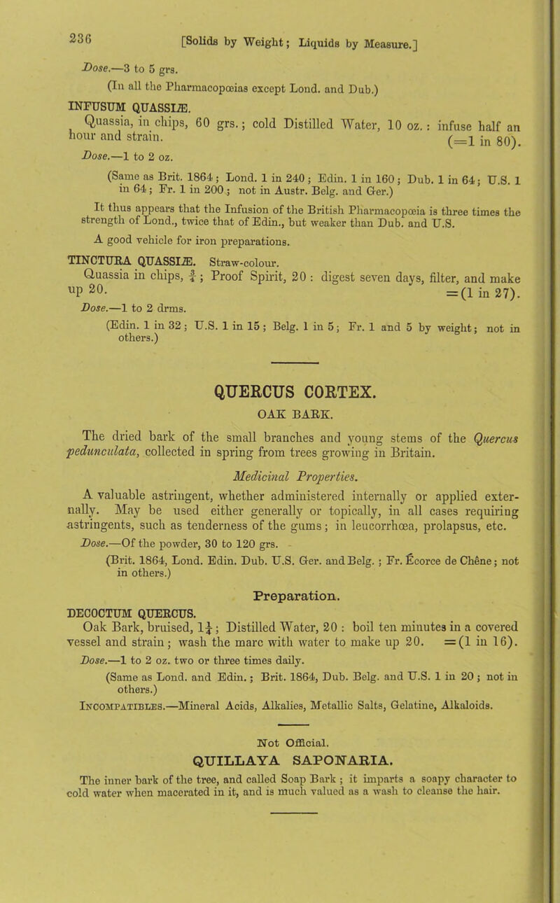 23G Dose.—3 to 5 grs. (In all the Pharmacopoeias except Lond. and Dub.) INFUSUM QUASSIAS. Quassia, in chips, 60 grs.; cold Distilled Water, 10 oz.: infuse half an hour and strain. jn gQ^ Dose.—1 to 2 oz. (Same as Brit. 1861; Lond. 1 in 240 ; Edin. 1 in 160; Dub. 1 in 64; U.S. 1 in 64; Fr. 1 in 200; not in Austr. Belg. and Ger.) It thus appears that the Infusion of the British Pharmacopoeia is three times the strength of Lond., twice that of Edin., but weaker than Dub. and U.S. A good vehicle for iron preparations. TINCTUEA QUASSI2E. Straw-colour. Quassia in chips, i ; Proof Spirit, 20 : digest seven days, filter, and make UP 20- ~ =(1 in 27). Dose.—1 to 2 drms. (Edin. 1 in 32; U.S. 1 in 15; Belg. 1 in 5; Fr. 1 and 5 by weight; not in others.) QUERCUS CORTEX. OAK BAKE. The dried bark of the small branches and young stems of the Quercus pedunculata, collected in spring from trees growing in Britain. Medicinal Properties. A valuable astringent, whether administered internally or applied exter- nally. May be used either generally or topically, in all cases requiring astringents, such as tenderness of the gums; in leucorrhcea, prolapsus, etc. Dose.—Of the powder, 30 to 120 grs. (Brit. 1864, Lond. Edin. Dub. U.S. Ger. and Belg. ; Fr. ficorce de Chene; not in others.) Preparation. DEC0CTUM QUERCUS. Oak Bark, bruised, ; Distilled Water, 20 : boil ten minutes in a covered vessel and strain; wash the marc with water to make up 20. =(1 in 16). Dose.—1 to 2 oz. two or three times daily. (Same as Lond. and Edin.; Brit. 1864, Dub. Belg. and U.S. 1 in 20 ; not in others.) Inoohpatibles.—Mineral Acids, Alkalies, Metallic Salts, Gelatine, Alkaloids. Not Official. QUILLAYA SAPONARIA. The inner bark of the tree, and called Soap Bark ; it imparts a soapy character to cold water when macerated in it, and is much valued as a wash to cleanse the hair.