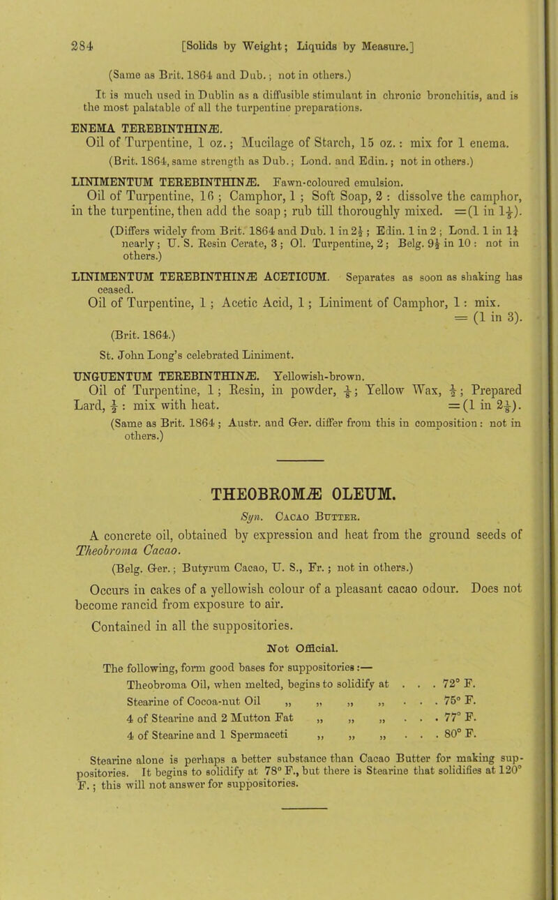 (Same as Brit. 1864 and Dub.; not in others.) It is much used in Dublin as a diffusible stimulant in chronic bronchitis, and is the most palatable of all the turpentine preparations. ENEMA TEREBINTHINiE. Oil of Turpentine, 1 oz.; Mucilage of Starch, 15 oz.: mix for 1 enema. (Brit. 1864,same strength as Dub.; Lond. and Edin.; not in others.) LINIMENTUM TEREBINTHIN.ZE. Fawn-coloured emulsion. Oil of Turpentine, 16 ; Camphor, 1 ; Soft Soap, 2 : dissolve the camphor, in the turpentine, then add the soap ; rub till thoroughly mixed. =(1 in 1|). (Differs widely from Brit. 1864 and Dub. 1 in 2£ ; Edin. 1 in 2 ; Lond. 1 in 1J nearly ; U. S. Resin Cerate, 3 ; 01. Turpentine, 2; Belg. 9j in 10 : not in others.) LINIMENTUM TEREBINTHIN7E ACETICUM. Separates as soon as shaking has ceased. Oil of Turpentine, 1; Acetic Acid, 1; Liniment of Camphor, 1: mix. = (1 in 3). (Brit. 1864.) St. John Long’s celebrated Liniment. UNGUENTUM TEREBINTHIN2E. Yellowish-brown. Oil of Turpentine, 1; Resin, in powder, ; Yellow Wax, i; Prepared Lard, ■§■: mix with heat. =(1 in 2^-). (Same as Brit. 1864 ; Austr. and G-er. differ from this in composition: not in others.) THEOBROMiE OLEUM. Syn. Cacao Btjtteb. A concrete oil, obtained by expression and heat from the ground seeds of Theobroma Cacao. (Belg. G-er.; Butyrum Cacao, TJ. S., Fr.; not in others.) Occurs in cakes of a yellowish colour of a pleasant cacao odour. Does not become rancid from exposure to air. Contained in all the suppositories. Not Official. The following, form good bases for suppositories:— Theobroma Oil, when melted, begins to solidify at Stearine of Cocoa-nut Oil „ „ „ „ 4 of Stearine and 2 Mutton Fat „ „ „ 4 of Stearine and 1 Spermaceti „ „ „ . 72° F. . 75° F. . 77° F. . 80° F. Stearine alone is perhaps a better substance than Cacao Butter for making sup- positories. It begins to solidify at 78° F., but there is Stearine that solidifies at 120° F.; this will not answer for suppositories.