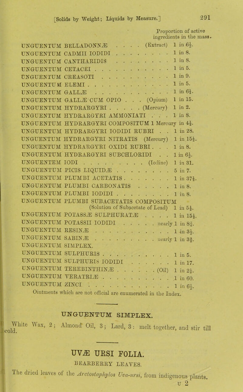 Proportion of active ingredients in the mass. UNGUENTUM BELLADONNA .... (Extract) 1 in 64. UNGUENTUM CADMII IODIDI 1 in 8. UNGUENTUM CANTHARIDIS 1 in 8. UNGUENTUM CETACEI 1 in 5. UNGUENTUM CREASOTI 1 in 9. UNGUENTUM ELEMI 1 in 5. UNGUENTUM GALL A 1 in 61- UNGUENTUM GALLA CUM OPIO . . . (Opium) 1 in 15. UNGUENTUM HYDRARGYRI (Mercury) 1 in 2. UNGUENTUM HYDRARGYRI AMMONIATI . . . 1 in 8. UNGUENTUM HYDRARGYRI COMPOSITUM 1 Mercury in 4*. UNGUENTUM HYDRARGYRI IODIDI RUBRI . . 1 in 28. UNGUENTUM HYDRARGYRI NITRATIS (Mercury) 1 in 154 UNGUENTUM HYDRARGYRI OXIDI RUBRI . . . 1 in 8. UNGUENTUM HYDRARGYRI SUBCHLORIDI . . 1 in 6|. UNGUENTEM IODI (Iodine) 1 in 31. UNGUENTUM PICIS LIQUIDA 5 in 7. UNGUENTUM PLUMBI ACETATIS 1 in 37i UNGUENTUM PLUMBI CARBONATIS 1 in 8. UNGUENTUM PLUMBI IODIDI 1 in 8. UNGUENTUM PLUMBI SUBACETATIS COMPOSITUM (Solution of Subacetate of Lead) 1 in 5*. UNGUENTUM POTASSA SDLPHURATA .... 1 in 15* UNGUENTUM POTASSII IODIDI nearly 1 in 8J. UNGUENTUM RESINA 1 -in 3J. UNGUENTUM SABINA nearly 1 in 3f. UNGUENTUM SIMPLEX. UNGUENTUM SULPHURIS 1 in 5. UNGUENTUM SULPHURIS IODIDI 1 in 17. UNGUENTUM TEREBINTHINA (Oil) 1 in 2*. UNGUENTUM YERATRIA 1 in 6o' UNGUENTUM ZINCI 1 in 6i. Ointments which are not official are enumerated in the Index. UNGUENTUM SIMPLEX. White Wax, 2; Almond Oil, 3; cold. Lard, 3 : melt together, and stir till UViE URSI FOLIA. BEARBERRY LEAVES. The dried leaves of the Ar dost aphy lot Uva-uni, from indigenous plants u 2