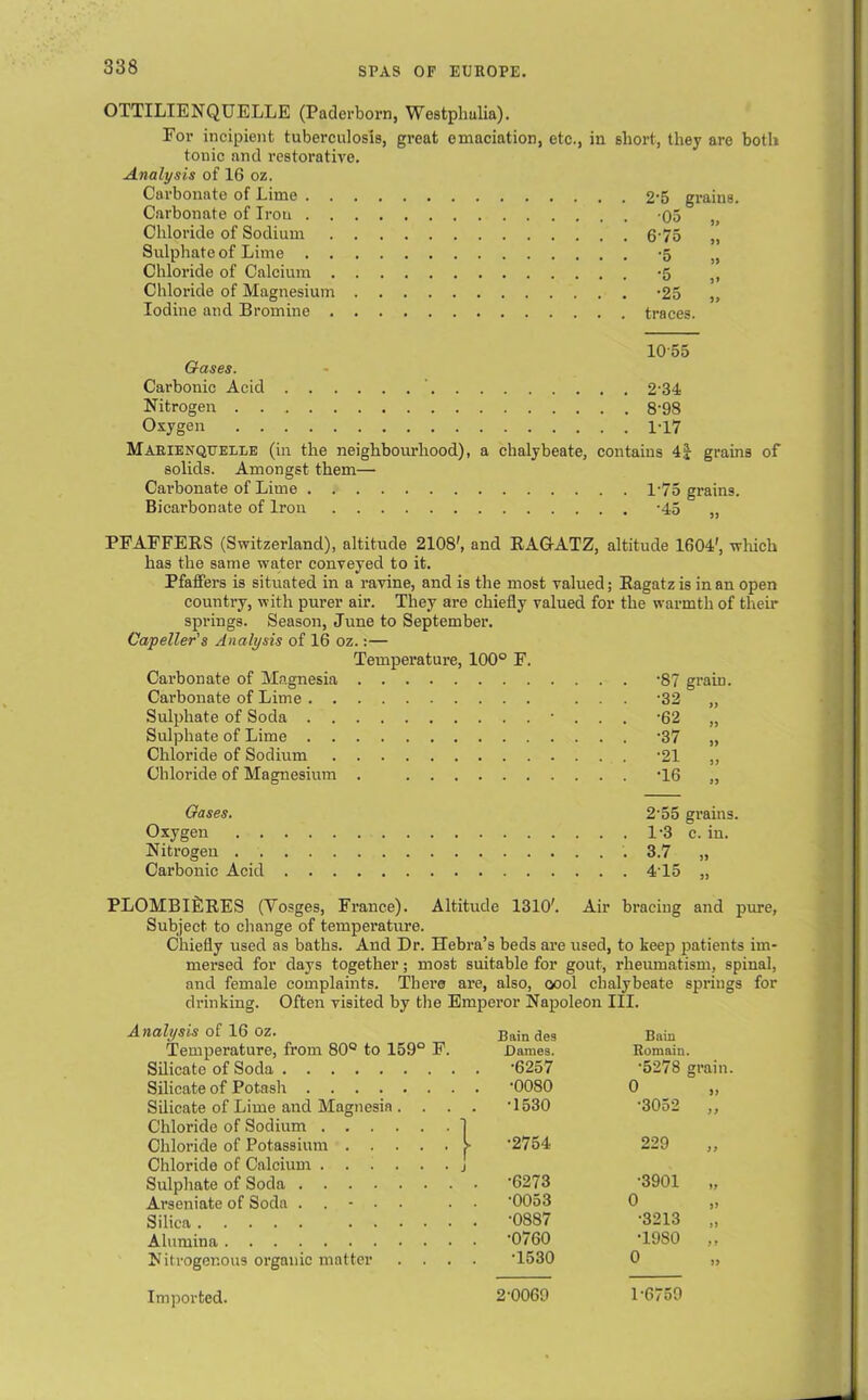 OTTILIENQUELLE (Paderborn, Westphalia). For incipient tuberculosis, great emaciation, etc., in short, they are tonic and restorative. Analysis of 16 oz. Carbonate of Lime 2'5 grains. Carbonate of Iron ’05 „ Chloride of Sodium 675 „ Sulphate of Lime -5 „ Chloride of Calcium -5 >f Chloride of Magnesium -25 „ Iodine and Bromine traces. both 1055 Gases. Carbonic Acid 2-34 Nitrogen 8'98 Oxygen 1-17 Marie.vqueile (in the neighbourhood), a chalybeate, contains 4| grains of solids. Amongst them— Car’bonate of Lime L75 grains. Bicarbonate of Iron -45 „ PFAFFERS (Switzerland), altitude 2108', and RAGA.TZ, altitude 1604', which has the same water conveyed to it. Pfaffers is situated in a ravine, and is the most valued; Ragatz is in an open country, with purer air. They are chiefly valued for the warmth of their springs. Season, June to September. Capeller’s Analysis of 16 oz.:— Temperature, 100° F. Carbonate of Magnesia -87 grain. Carbonate of Lime ... -32 „ Sulphate of Soda • . . . -62 „ Sulphate of Lime -37 „ Chloride of Sodium ‘21 ,, Chloride of Magnesium . -16 „ Gases. Oxygen . . Nitrogen . . Carbonic Acid 2'55 grains. 1‘3 c. in. 415 PLOMBIERES (Vosges, France). Altitude 1310'. Air bracing and pure, Subject to change of temperature. Chiefly used as baths. And Dr. Hebra’s beds are used, to keep patients im- mersed for days together; most suitable for gout, rheumatism, spinal, and female complaints. There are, also, oool chalybeate springs for drinking. Often visited by the Emperor Napoleon III. nalysis of 16 oz. Temperature, from 80° to 159° F. Silicate of Soda Bain des Dames. •6257 Bain Remain. •5278 grain Silicate of Potash •0080 0 >> Silicate of Lime and Magnesia .... •1530 •3052 ) ) Chloride of Sodium 1 Chloride of Potassium >• •2754 229 J f Chloride of Calcium . . . . j Sulphate of Soda •6273 •3901 If Arseniate of Soda . . - . . •0053 0 J> Silica •0887 •3213 J> Alumina ■0760 T980 } f Nitrogenous organic matter .... T530 0 >> Imported. 2-0069 L6759