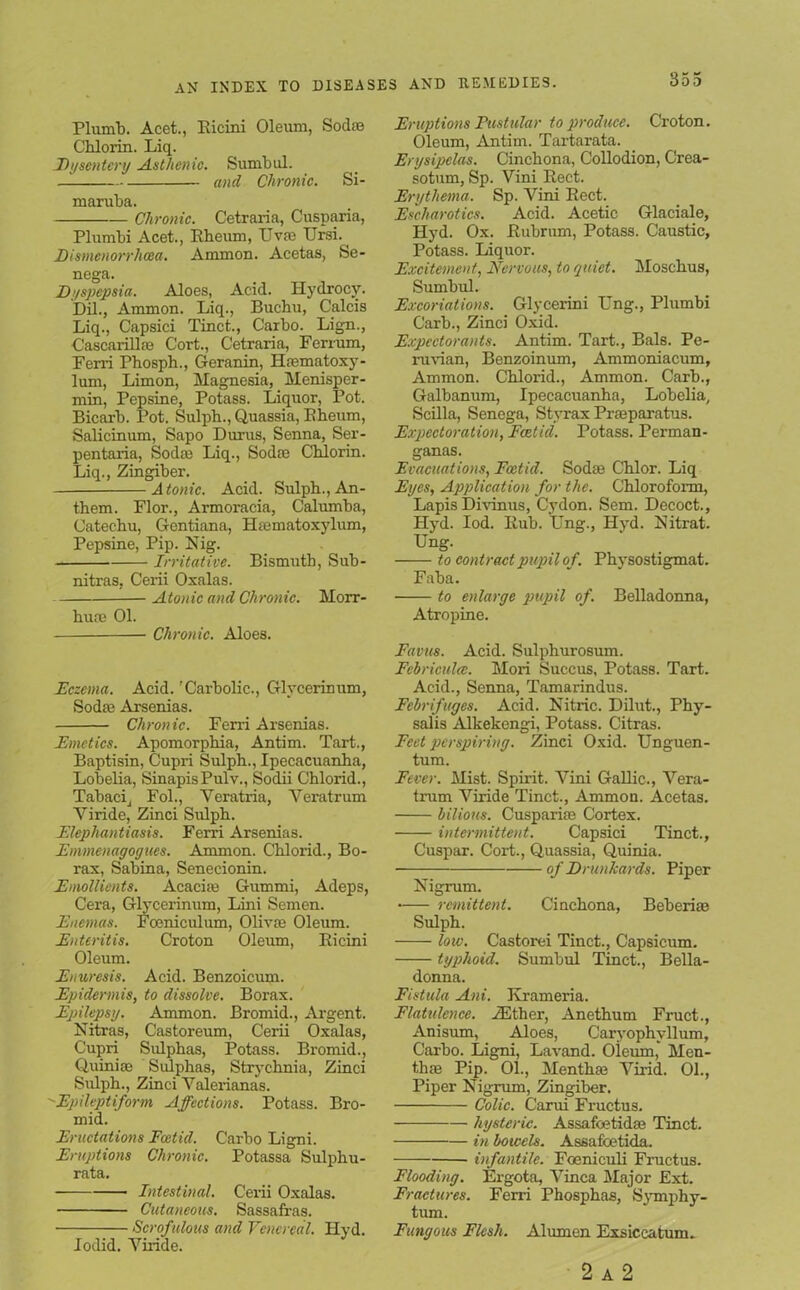 Plumb. Acet., Ricini Oleum, Sodas Cblorin. Liq. Dysentery Asthenic. Surnbul. — and Chronic. Si- maruba. Chronic. Cetraria, Cusparia, Plumbi Acet., Rheum, Uvae Ursi. Dismenorrhcea. Ammon. Acetas, Se- nega. Dyspepsia. Aloes, Acid. Hydrocy. Dil., Ammon. Liq., Buchu, Calcis Liq., Capsici Tinct., Carbo. Lign., Cascarillae Cort., Cetraria, Ferrum, Fern Phosph., Geranin, Haematoxy- lum, Limon, Magnesia, Menisper- min, Pepsine, Potass. Liquor, Pot. Bicarb. Pot. Sulph., Quassia, Rheum, Salicinum, Sapo Durus, Senna, Ser- pentaria, Sodas Liq., Sodas Chlorin. Liq., Zingiber. Atonic. Acid. Sulph., An- them. Flor., Armoracia, Calumba, Catechu, Gentiana, Haematoxylum, Pepsine, Pip. Nig. Irritative. Bismuth, Sub- nitras, Cerii Oxalas. Atonic and Chronic. Morr- hum 01. Chronic. Aloes. Eczema. Acid. 'Carbolic., Glycerin ran, Sodas Arsenias. Chronic. Ferri Arsenias. Emetics. Apomorphia, Antim. Tart., Baptism, Cupri Sulph., Ipecacuanha, Lobelia, SinapisPulv., Sodii Chlorid., Tabacij Fol., Veratria, Veratrum Yiride, Zinci Sulph. Elephantiasis. Ferri Arsenias. Emmenagogues. Ammon. Chlorid., Bo- rax, Sabina, Senecionin. Emollients. Acacias Gummi, Adeps, Cera, Glycerinum, Lini Semen. Enemas. Foeniculum, Olivae Oleum. Enteritis. Croton Oleum, Ricini Oleum. Enuresis. Acid. Benzoicum. Epidermis, to dissolve. Borax. Epilepsy. Ammon. Bromid., Argent. Nitras, Castoreum, Cerii Oxalas, Cupri Sulphas, Potass. Bromid., Quinias Sulphas, Strychnia, Zinci Sulph., Zinci Yalerianas. ■'Epileptiform Affections. Potass. Bro- mid. Eructations Foetid. Carbo Ligni. Eruptions Chronic. Potassa Sulphu- rata. Intestinal. Cerii Oxalas. Cutaneous. Sassafras. Scrofulous and Venereal. Hyd. lodid. Yiride. Eruptions Pustular to produce. Croton. Oleum, Antim. Tartarata. Erysipelas. Cinchona, Collodion, Crea- sotum, Sp. Vini Rect. Erythema. Sp. Vini Rect. Escharotics. Acid. Acetic Glaciale, Hyd. Ox. Rubrum, Potass. Caustic, Potass. Liquor. Excitement, Nervous, to quiet. Moschus, Surnbul. Excoriations. Glycerini Ung., Plumbi Carb., Zinci Oxid. Expectorants. Antim. Tart., Bals. Pe- ruvian, Benzoinum, Ammoniacum, Ammon. Chlorid., Ammon. Carb., Galbanum, Ipecacuanha, Lobelia, Scilla, Senega, Styrax Prsapaxatus. Expectoration, Foetid. Potass. Perman- ganas. Evacuations, Foetid. Sodae Chlor. Liq Eyes, Application for the. Chloroform, Lapis Divinus, Cydon. Sem. Decoct., Hyd. Iod. Rub. Ung., Hyd. Nitrat. Ung. to contract pupil of. Physostigmat. Faba. to enlarge pupil of. Belladonna, Atropine. Favus. Acid. Sulphurosum. Fehriculee. Mori Succus, Potass. Tart. Acid., Senna, Tamarindus. Febrifuges. Acid. Nitric. Dilut., Phy- salis Alkekengi, Potass. Citras. Feet perspiring. Zinci Oxid. Unguen- tum. Fever. Mist. Spirit. Vini Gallic., Vera- trum Yiride Tinct., Ammon. Acetas. bilious. Cusparias Cortex. intermittent. Capsici Tinct., Cuspar. Cort., Quassia, Quinia. of Drunkards. Piper Nigrum. • remittent. Cinchona, Beberiae Sulph. low. Castorei Tinct., Capsicum. typhoid. Surnbul Tinct., Bella- donna. Fistula Ani. Krameria. Flatulence. JEther, Anethum Fruct., Anisum, Aloes, Caryophyllum, Carbo. Ligni, Lavand. Oleum, Men- thae Pip. 01., Menthas Yirid. 01., Piper Nigrum, Zingiber. Colic. Carui Fructus. hysteric. Assafoetidas Tinct. in bowels. Assafoetida. infantile. Foeniculi Fructus. Flooding. Ergota, Vinca Major Ext. Fractures. Ferri Phosphas, Symphy- tum. Fungous Flesh. Alumen Exsiccatum. 2 a 2