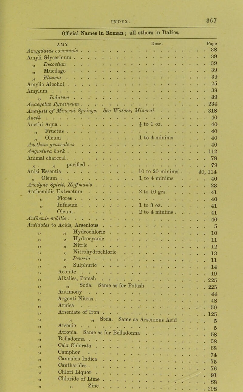 Official Names in Roman ; all others in Italics. Dose. AMY Amygdalus communis Amyli Glycerinum „ Decoctum „ Mucilago „ Plasma Amylic Alcohol. Amylum „ Iodatum Anacyclus Pyrethrum Analysis of Mineral Springs. See Waters, Mineral . Aneth Anethi Aqua \ to 1 oz. „ Fructus Oleum 1 to 4 minims >> )) )) 5) Anethum graveolens Angustura baric Animal charcoal „ . „ purified Anisi Essentia 10 to 20 minims „ Oleum 1 to 4 minims Anodyne Spirit, Hoffman's Anthemidis Extraction 2 to 10 grs. ;, Flores „ Infusum • . . 1 to 3 oz. . . „ Oleum 2 to 4 minims . Anthemis nobilis Antidotes to Acids, Arsenious Hydrochloric Hydrocyanic Nitric Nitrohydrochloric ,, Prussic „ Sulphuric Aconite Alkalies, Potash „ Soda. Same as for Potash .... Antimony Argenti Nitras Arnica Arseniate of Iron » 5> Soda. Same as Arsenious Acid Arsenic Atropia. Same as for Belladonna Belladonna Calx Chlorata Camphor Cannabis Indica Cantharides Chlori Liquor Chloride of Lime ,, Zinc 40, »> » 5> J> 5) 5) )> )) » >> J) Page 38 39 39 39 . 39 . 25 . 39 . 39 . 234 318 . 40 . 40 . 40 , 40 . 40 112 78 . 79 114 40 23 41 40 41 41 40 5 10 11 12 13 11 14 19 225 225 44 48 50 125 5 5 58 58 68 74 75 76 91 68 298