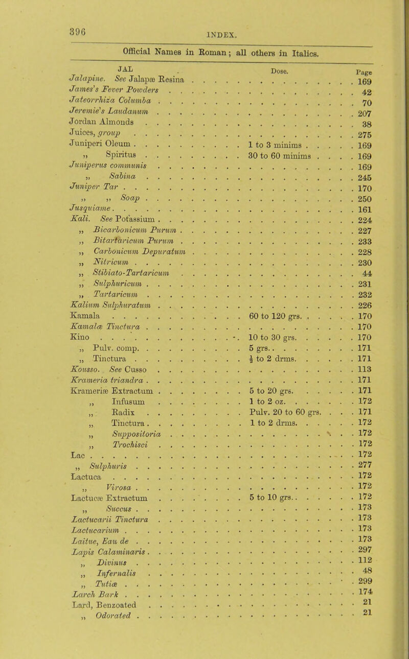 INDEX. Official Names in Roman; all others in Italics. JAL Jalapine. See Jalap® Resina James's Fever Powders Jateorrhiza Columba . . . Jeremie's Laudanum , Jordan Almonds .... Juices, group Juniperi Oleum „ Spiritus .... Juniperus communis . . „ Sabina .... Juniper Tar j> 31 Soap .... Jusquiame Kali. See Potassium . . . „ Bicarhonicum Purum . „ Bitartaricwn Purum . ,, Carbonicum Depuratum „ Nitricum ,, Stibiato-Tartaricurn ,, Sulphuricum .... „ Tartaricum .... Kalium Sulphuratum . . . Kamala Kamalce Tinctura .... Kino „ Pulv. comp „ Tinctura Kousso. See Cusso . . . Krameria triandra .... Krameriee Extractum . . . „ Infusum . . . „ Radix .... „ Tiuctura.... „ Supposiioria . . „ Trochisci . . . Lac „ Sulphuris Lactuca „ Virosa Tactile® Extractum . . . „ Succus Lactucarii Tinctura . . . Laclucarium Laitue, Eau de Lapis Calaminaris.... „ Divinus „ Infernalis . . . . „ Tutice Larch Bark Lard, Benzoated . . . . „ Odorated Dose. Page 169 42 70 207 38 275 1 to 3 minims 169 30 to 60 minims .... 169 169 245 170 250 161 224 227 233 228 230 44 231 232 226 60 to 120 grs. , . . . .170 170 10 to 30 grs 170 5 grs 171 % to 2 drms 171 113 171 5 to 20 grs 171 1 to 2 oz 172 Pulv. 20 to 60 grs. . . . 171 1 to 2 drms 172 \ . . 172 172 172 277 172 172 5 to 10 grs 172 173 173 173 173 297 112 48 • . 299 174 21 21