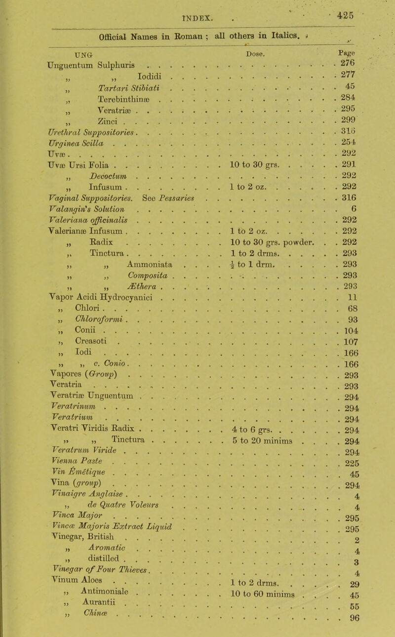 ■425 Official Names in Roman ; all others in Italics. > UNG Unguentum Sulphuris Iodidi „ Tartari Stibiati „ Terebintliince . . . . „ Veratriae „ Zinci TJrethral Suppositories TJrginea Scilla TJvoe Uvaj Ursi Folia „ Decoctum „ Infusum Vaginal Suppositories. See Pessaries Vala/ngiris Solution Valeriana officinalis Valeriana; Infusum „ Radix „ Tinctura „ „ Ammoniata „ „ Composita . . ,, ,, /Ethera . Vapor Acidi Hydrocyanici . . . „ Clilori „ Chloroformi „ Conii „ Creasoti „ Iodi „ „ c. Conio Vapores {Group) Veratria . . , Veratrise Unguentum .... Veratrinum Veratrium Veratri Viridis Radix .... ,> „ Tinctui’a . . . Veratrum Viride Vienna Paste Vin fSmetique Vina {group) Vinaigre Anglaise „ de Quatre Voleurs . . Vinca Major Vinca: Majoris Extract Liquid Vinegar, British „ Aromatic „ distilled Vinegar of Four Thieves. . . Vinum Aloes „ Antimoniale „ Aurantii ,, Chinee .... Dose. 10 to 30 grs 1 to 2 oz 1 to 2 oz 10 to 30 grs. powder. . 1 to 2 drms 2 to 1 drm 4 to 6 grs 5 to 20 minims . . 1 to 2 drms 10 to 60 minims . Page 276 277 45 284 295 299 316 254 292 291 292 292 316 6 292 292 292 293 , 293 . 293 . 293 . 11 . 68 . 93 . 104 . 107 . 166 . 166 . 293 . 293 . 294 . 294 . 294 . 294 . 294 . 294 . 225 . 45 . 294 . 4 . 4 . 295 . 295 2 . 4 . 3 . 4 . 29 . 45 . 55 . 96