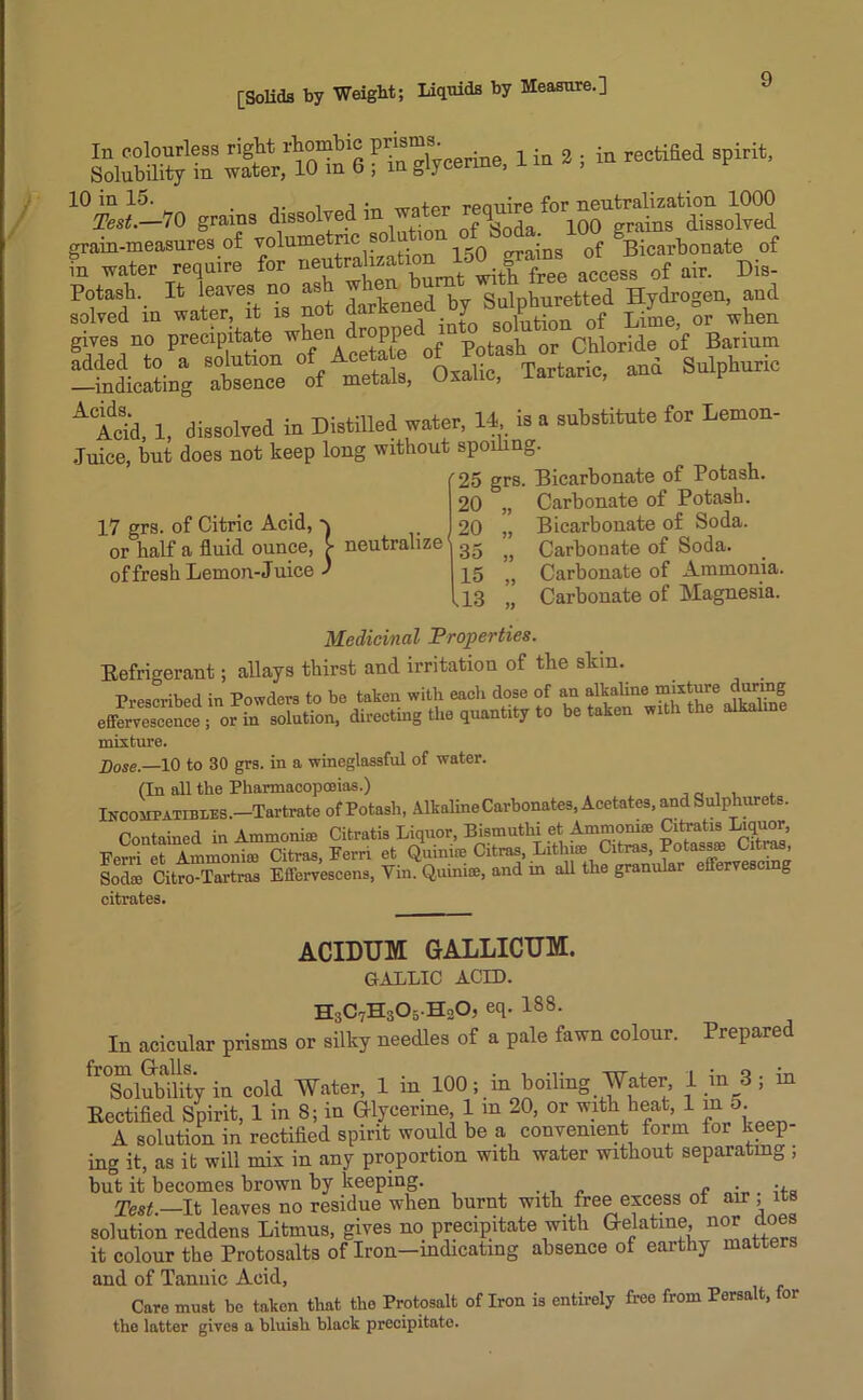 In colourless right rhombic P™“s- . i in 2 ; in rectified spirit. Solubility in water, 10 m 6 ; m glycerine, x m , 10 in 1 o. i j • Trntpr reouire for neutralization 1000 Test.—70 grains dissolve Snda 100 grains dissolved grain-measures of volumetric solution of boda. 1W * of in water require for neutralization150 grains otj* ^ Dis_ Potash. It leaves no as b Sulphuretted Hydrogen, and Tartaric, acd SAphurie A Arid, 1, dissolved in Distilled water. 14 is a substitute for Lemon- Juice, but does not keep long without spoiling. '25 grs. Bicarbonate of Potash. 20 „ Carbonate of Potash. 20 „ Bicarbonate of Soda. 35 „ Carbonate of Soda. 15 „ Carbonate of Ammonia. s13 n Carbonate of Magnesia. Medicinal Properties. Refrigerant; allays thirst and irritation of the skm. Prescribed in Powders to be taken with each dose of an alkaline mixture during effervescence j^r hi solution, directing the quantity to betaken with the alkaline mixture. Dose.—10 to 30 grs. in a wineglassful of water. (In all the Pharmacopoeias.) . . Incoupatibles.—Tartrate of Potash, Alkaline Carbonates, Acetates, and Sulplmrets. Contained in Ammonia Citratis Liquor, Bismutki et Ammonia Citratis Liquor, Ferri et Ammonia Citras, Fern et Quinia Citras, Lithiffl Citras, Potassa Citras, Soda Citro-Tartras Effervescens, Yin. Quinia, and m all the granular effervescing citrates. 17 grs. of Citric Acid, or half a fluid ounce, > neutralize of fresh Lemon-Juice J ACIDUM GALLICUM. GALLIC ACID. H;;C7H305 HoO, eq. 188. In acicular prisms or silky needles of a pale fawn colour. Prepared fl°Solubibty in cold Water, 1 in 100; in boiling Water 1 in 3; m Rectified Spirit, 1 in 8; in Glycerine 1 in 20, or with heat, 1 m5. A solution in rectified spirit would be a convenient form for keep- ing it, as it will mix in any proportion with water without separating , but it becomes brown by keeping. „ . _ .. Test —It leaves no residue when burnt with free excess ot air its solution reddens Litmus, gives no precipitate with Gelatine nor does it colour the Protosalts of Iron—indicating absence of earthy matters and of Tannic Acid, Care must be taken that tho Protosalt of Iron is entirely free from Persa t, oi the latter gives a bluish black precipitate.