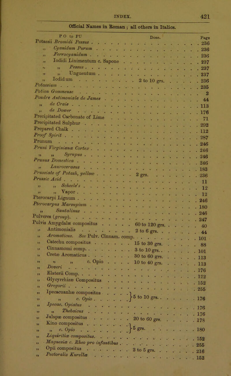 Official Names in Roman ; all others in Italics. Dose. 2 to 10 grs. P 0 to PU Potassii Bromidi Pessiis Cyanidum Purum .... Ferrocyanidum Iodidi Linimentum c. Sapone „ Pessus „ Unguentum .... Iodid um Potassium Potion Gommeuse Poudre Antimoniale de James „ de Craie ,i de Dower Precipitated Carbonate of Lime Precipitated Sulphur Prepared Chalk Proof Spirit Prunum Pruni VirginiancB Cortex „ „ Syrupus Prunus Domestica „ Laurocerasus Prussiate of Potash, yellow 2 grs. Prussic Acid » „ Scheele’s ii „ Vapor Pterocarpi Lignum Pterocarpus Marsupium ,, Santalinus Pulveres (group) Pulvis Amygdalae compositus 60 to 120 grs. „ Antimonialis 2 to 6 grs. . » Aromaticus. See Pulv. Cinnam. comp. „ Catechu compositus 15 to 30 grs. Cinnamomi comp 3 to 10 grs.. „ Cretaj Aromaticus 30 to 60 grs. ” '> » c. Opio . . . . 10 to 40 grs. „ Doveri i> Elaterii Comp i) Q-lycyrrhizat Compositus ...... „ Gregorii » Ipecacuanhas compositus .... 1 ». „ c. Opio J-5 to 10 grs. . „ Ipecac. Opiatus i> » Thebaictis „ Jalap® compositus „ Kino compositus 20 to 60 grs. c. Opio j ® S18- Liquiritice compositus Magnesice c. Rheo pro inf antibus ... ... Opii compositus 2 to 5 grs. Pectoralis Kurellce . Page . 236 . 236 . 236 . 237 . 237 . 237 . 236 . 235 2 . 44 . 113 . 176 . 71 . 292 . 112 . 287 . 246 . 246 . 246 . 246 . 183 . 236 . 11 . 12 . 12 . 246 . 180 . 246 . 247 . 40 . 44 . 101 . 88 . 101 . 113 . 113 . 176 . 122 . 152 . 255 . 176 . 176 . 176 . 178 . 180 . 152 255 216 152