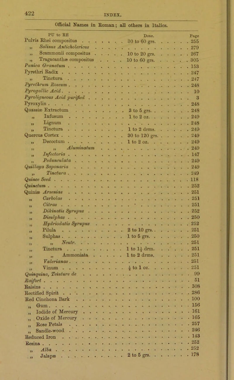 Official Names in Roman; all others in Italics. PU to EE Pulvis Rhei compositus . . „ Salinus Anticholericus „ Scammonii compositus „ Tragacanthae compositus Punica Qranatum .... Pyretliri Radix .... „ Tinctura . . . Pyrethrum Roseum . . . Pyrogallic Acid.... Pyroligneous Acid purified Pyroxylin Quassue Extractum . . „ Infusum . . . „ Lignum . . . „ Tinctura . . . Quercus Cortex .... „ Decoctum . . . Aluminafum „ Infectoria . . . . „ Pedunculata . . . Quillaya Saponaria . . . „ Tinctura .... Quince Seed Quinetum Quiniao Arsenias . . . . „ Carbolas . . . . „ Citras „ Dikinatis Syrupus . „ Disulphas . . . . „ Hydriodatis Syrupus „ Pilula n »> Sulphas . . , „ Neutr. Tinctura . . „ „ Ammoniata „ Valerianae. . . „ Vinum .... Quinquina, Teinture de Raifort Raisins Rectified Spirit . . Red Cinchona Bark „ Iodide of Mercury „ Oxide of Mercury „ Rose Petals . . „ Sandle-wood . . Reduced Iron . . . Resina „ Alba .... „ Jalapse . . . Dose. 30 to 60 grs. 10 to 20 grs. 10 to 60 grs. 3 to 5 grs. 1 to 2 oz. 1 to 2 drms. 30 to 120 grs. 1 to 2 oz. . 2 to 10 grs. 1 to 5 grs. 1 to 1-1 drm. 1 to 2 drms. 1 to 1 oz 2 to 5 grs. Page 255 279 267 305 153 247 247 248 10 3 248 248 249 248 249 249 249 249 147 249 249 249 118 252 251 251 251 252 250 252 251 250 251 251 251 251 251 99 51 308 286 100 156 161 165 257 246 143 252 252 178