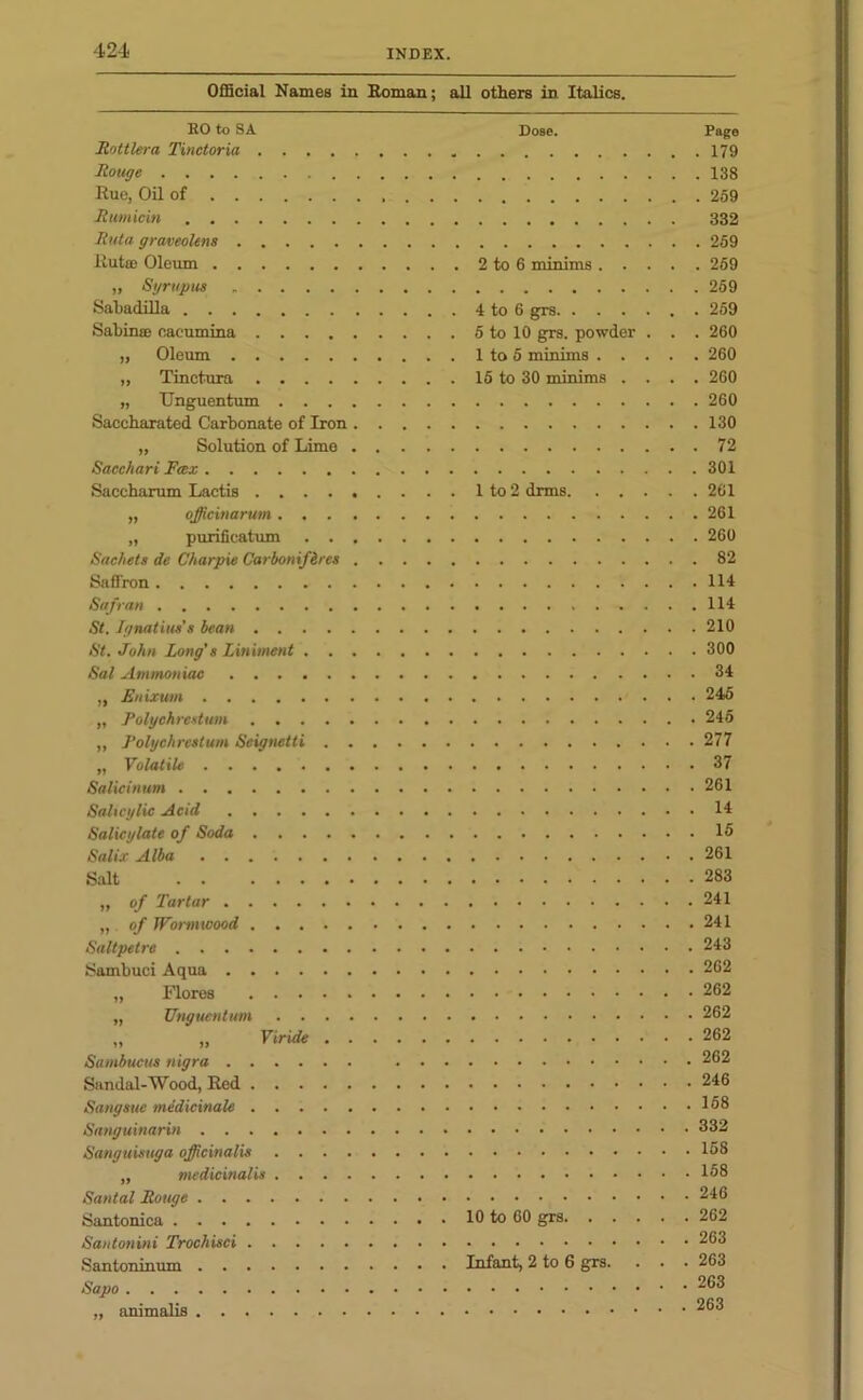 Official Names in Roman; all others in Italics. EO to SA Rottlera Tinctoria .... Rouge Rue, Oil of Rumicin Rttla graveolens Rutte Oleum „ Syrupus Sabadilla Sabinse oaeumina .... „ Oleum „ Tincturn .... „ Unguentum . . . Saccharated Carbonate of Iron „ Solution of Lime Sacehari Fax Saccharum Lactis .... „ officinarum. . . „ purifieatum . . Sachets de Charpie Carbonif&rcs Saffron Safran St. Ignatius's bean .... St. John Long's Liniment . . Sal Ammoniac „ Enixum „ Polychrcstum .... „ Polyckrestum Scignetti . , „ Volatile Salicinum Salicylic Acid Salicylate of Soda .... Salix Alba Salt . . .... „ of Tartar . . „ of Wormwood . Saltpetre . . . . Sambuci Aqua . . „ Flores „ Unguentum „ „ Viride Sambucus nigra .... Sandal-Wood, Red . . . Sangsuc medicinale . . . Sanguinarin Sanguisuga officinalis . . „ medicinalis . . Santal Rouge Santonica . . . Santonini Trockisci Santoninum . . Sapo „ animalis . . Dose. 2 to 6 minims 4 to 6 grs 5 to 10 grs. powder . . 1 to 5 minims .... 15 to 30 minims . . . 1 to 2 drms, 10 to 60 grs. Infant, 2 to 6 grs. . . Page . 179 . 138 . 259 332 . 259 . 259 . 259 . 259 . 260 . 260 . 260 . 260 . 130 . 72 . 301 . 261 . 261 . 260 . 82 . 114 . 114 . 210 . 300 . 34 . 245 . 245 . 277 . 37 . 261 . 14 . 15 . 261 . 283 . 241 . 241 . 243 . 262 . 262 . 262 . 262 . 262 . 246 . 158 . 332 . 158 . 158 . 246 . 262 . 263 . 263 . 263 . 263