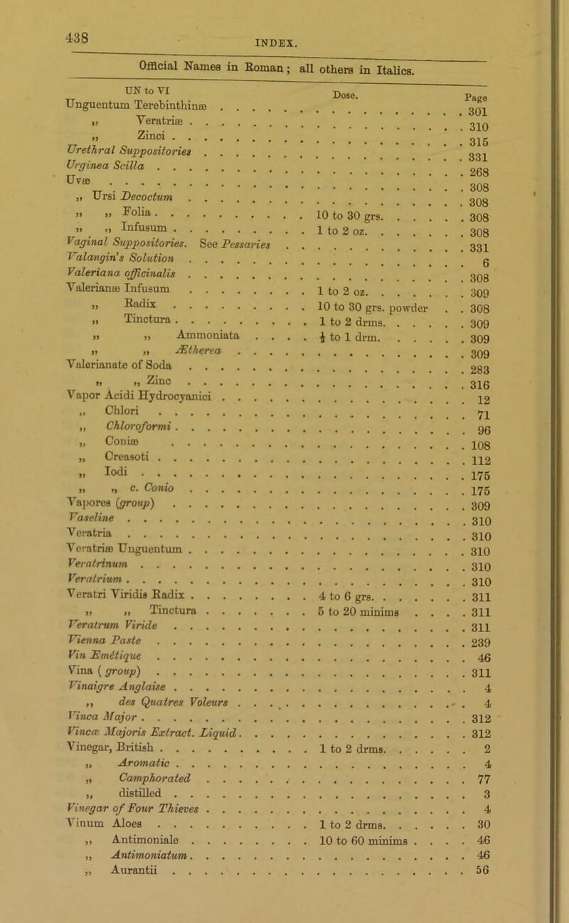 INDEX. Official Namea in Roman; all others in Italics. UN to VI tt ~ , Dose. Page Unguentum Terebinthinee 3q^ „ Veratrire „ Zinoi Urethral Suppositories Urginea Scilla UVfB 310 315 331 268 308 308 309 308 309 309 Iodi „ c. Conio „ Ursi Decoctum ” ” 10 to 30 grs 308 » _ » Infusum 1 to 2 oz 308 Vaginal Suppositories. See Pessaries Valangin’s Solution 0 Valeriana officinalis 3Qg Valeriana) Infusiim 1 to 2 oz. „ Radii 10 to 30 grs. powder » Tincture 1 to 2 drms. . . . » » Ammoniata .... 4 to 1 drm. . . » » JEtherea ggg Valerianate of Soda _ 283 » i) Zinc t gjg Vapor Aeidi Ilydrocyanici 12 Chlori 17I Chloroformi gg Coni® 108 Oreasoti . H2 175 175 I apores {group) Vaseline 310 Veratria Veratri® Unguentum Veratrinum Veratrium 310 Veratri Viridis Radix 4 to 6 grs 311 » „ Tincture 5 to 20 minims .... 311 Veratrum Viride Vienna Paste 239 Vin JEmetique 46 Vina ( group) 311 Vinaigre Anglaise 4 ,, des Quatres Voleurs - . 4 Vinca Major 312 Vinca: Majoris Extract. Liquid 312 Vinegar, British 1 to 2 drms 2 „ Aromatic 4 „ Camphorated 77 „ distilled 3 Vinegar of Four Thieves 4 Vinum Aloes 1 to 2 drms 30 ,, Antimoniale 10 to 60 minima .... 46 „ Antimoniatum 46 „ Aurantii 56