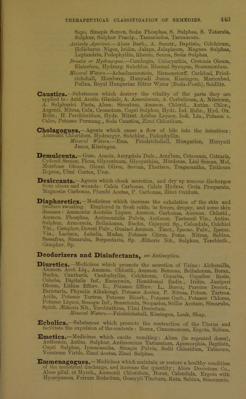 Sapo, Sinapis Semen, Sod® Phosphas, S. Sulphas, S. Tatarata, Sulphur, Sulphur Price ip., Tamarindus, Taraxacum. Actively Aperient.—Aloes Barb., A. Socotr., Baptism, Colchicum, Helleborus Niger, Iridin, Jalapa, Jalapinum, Magnes. Sulphas, Leptandrin, Podophyllin, Rheum, Senna, Sodae Sulphas. Drastic or ILjdraymjm.—Cambogia, Colocynthis, Crotonis Oleum, Elaterium, Hydrarg. Subchlor, Khamni Syrupus, Scammonium. Mineral Waters.—Achselmannstein, Birmenstorff, Carlsbad, Fried- richshall, Homburg, Hunyadi Janos, Kissingen, Marienbad, Pullna, Royal Hungarian Bitter Water (Buda-Pesth), Seidlitz. Caustics.—Substances which destroy the vitality of the parts they are applied to : Acid. Acetic. Glaciale, A. Arseniosum, A. Carbolicum, A. Nitr'icum, A. Sulphurici Pasta, Alum. Siccatum, Ammon. Chlorid., Antim. Chlor., Argenti. Nitras, Calx, Creasotum, Cupri Sulphas, Hydr. Iod. Ruhr., Hyd. Ox. Ruhr., H. Perchloridum, Hydr. Nitrat. Acidus Liquor, Iodi. Lin., Potassa c. Calce, Potass® Permang., Soda Caustica, Zinci Chloridum. Cholagogues.—Agents which cause a flow of bile into the intestines: Ammonii Chloridum, Hydrargyr. Subchlor., Podophyllin. Mineral Waters.—Ems, Friedrichshall, Hungarian, Hunyadi Janos, Kissingen. Demulcents.—Gum- Acacia, Amygdala Dulc., Amylum, Cetaceum, Cetraria, Cydonii Semen, Ficus, Glycerinum, Glycyrrhiza, Hordeum, Lini Semen, Mel, Morrhu® Oleum, Oleum Olivas* Sevum, Theriaca, Tragacantha, Triticum Rcpens, TJlmi Cortex, Uv®. Desiccants.—Agents which check secretion, and dry up mucous discharges from ulcers and wounds: Calcis Carbonas, Calcis Hydras, Creta Prmparata, Magnesias Carbonas, Plumbi Acetas, P. Carbonas, Zinci Oxidum. Diaphoretics.—Medicines which increase the exhalation of the skin and produce sweating. Employed in fresh colds, in fevers, dropsy, and some skin diseases : Ammoniaa Acetatis Liquor, Ammon. Carbonas, Ammon. Chlorid., Ammon. Phosphas, Antimonialis Pulvis, Antimon. Tartarati Vin., Antim. Sulphur, Armoracia, Belladonna, Buchu, Cajuputi Sp., Calendula, Colchici Via., Camphor, Doveri Pulv., Gnaiaci Ammon. Tinct., Ipecac. Pulv., Ipecac. ' in-i Lactuca, Lobelia, Mudar, Potass® Citras, Potas. Nitras, Sabina, Sassafras, Simaruba, Serpentaria, Sp. iEtheris Nit., Sulphur, Terebinth., Camphor. Sp. Deodorizers and Disinfectants, we Antiseptics. Diuretics.—Medicines which promote the secretion of Urine: Alchemilla, Ammon. Acet. Liq., Ammon. Chlorid., Ammon. Benzoas, Belladonna, Borax, Buchu, Cantharis, Caulophyllin, Colchicum, Copaiba, Copaibas Resin, Cubeba, Digitalis Inf., Euonymin, Hemidesmi Radix., Iridin, Juniperi Oleum, Lithi® Efferv. L., Potass® Efferv. L.. Borax, Pareir® Decoct., Parietaria, Physalis Alkakengi, Potass® Acetas, P. Nitras, Potass. Tartars. Acida, Potass® Tartras, Potass® Bicarb., Potass® Carb., Potass® Chloras, Potass® Liquor, Seneg® Inf., Senecionin, Seoparius, Scill® Acetum, Simaruba, Spirit. yEtheris Nit., Terebinthina, Ulmi Decoctum. Mineral Waters.—Friedrichshall, Kissingen, Leuk, Shap. Ecbplies.—Substances which promote the contraction of the Uterus and facilitate the expulsion of the contents : Borax, Cinnamomum, Ergota, Sabina. Emetics. Medicines which excite vomiting: Alum (in repeated doses), Anthemis, Antim. Sulphur, Antimonium Tartaratum, Apomorphia, Baptisin Cupri Sulphas, Ipecacuanha, Sinapis Pulvis, Sodii Chloridum, Tabacum’ Yeratrum Yiride, Zinci Acetas, Zinci Sulphas. EmmenagOgues.—Medicines which maintain or restore a healthy condition of the menstrual discharge, and increase the quantity; Aloes Decoctum Co Aloes pilul. et Myrrh., Ammonii Chloridum, Borax, Calendula, Ergota with Hyoscyamus, Ferrum Redactum, Gossypii Tinctura, Ruta, Sabina, Senecionin