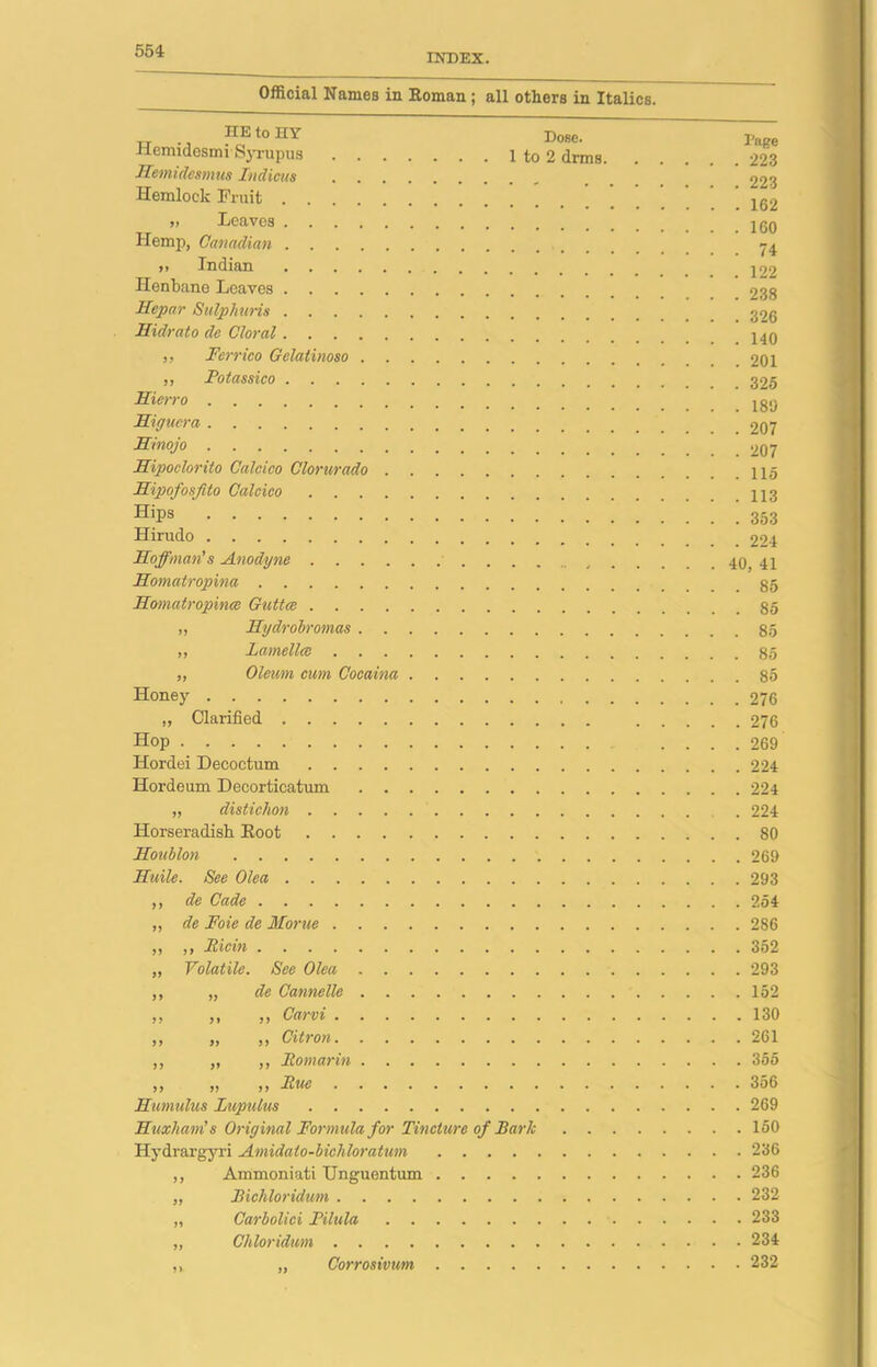 INDEX. Official Names in Roman; all others in Italics. tt -, TItE t0 HY Cose. Page Hemidosmi Syrupus 1 to 2 drms 223 Hemidesmus Indians .... 223 Hemlock Fruit 162 Leaves 160 Hemp, Canadian -4 >» Indian 122 Henbane Leaves 238 Hcpar Sulphuris 32g Hidrato de Cloral 140 ,, Ferrico Gelatinoso 201 ,, Potassico Hierro jgy Higuera 207 Hinojo 207 Hipoclorito Calcico Clorurado Hipofosflto Calcico 113 HiPs 353 Hirudo 224 Hoffman's Anodyne 40, 41 Homatropina Homatropince Guttce ,, Hydrobromas 85 ,, Lamella 85 ,, Oleum cum Cocaina 85 Honey 276 „ Clarified 276 Hop .... 269 Hordei Decoctum 224 Hordeum Decorticatum 224 „ distichon . 224 Horseradish Root 80 Houblon 269 Huile. See Olea 293 ,, de Cade 254 ,, de Foie de Home 286 ,, ,, Picin 352 „ Volatile. See Olea 293 ,, „ de Cannelle 152 ,, ,, ,, Carvi 130 ,, „ ,, Citron 261 ,, „ ,, Eomarin 355 ,, „ ,, Rue 356 Humulus Lupulus 269 Huxham's Original Formula for Tincture of Bark 150 Hydrargyri Amidato-bichloratum 236 ,, Ammoniati Unguentum 236 „ Bichloridum 232 „ Carbolici Pilula 233 „ Chloridmn 234 ,, „ Corrosivum 232