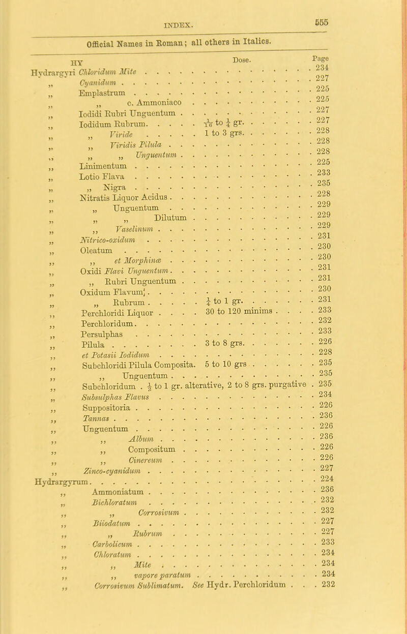 Official Names in Roman; all others in Italics. HY Dose. Hydrargyri Chloridum Mite .... „ Cyanidum „ Emplastrum „ c. Ammoniaco „ Iodidi Eubri TJnguentum . „ Iodidum Rubrum. . . . „ „ Viride • • • • tt n Yiridis JPilula . . „ „ „ TJnguentum . ,, Linimentum „ Lotio Flava Niarra Page 234 ' 227 225 ’ ’ 225 ‘ ’ | 227 T6 to 5 gr 227 1 to 3 grs 228 228 228 225 ’ 233 . . . 235 . 990 Nitratis Liquor Acidus „ TJnguentum „ „ Dilutum ,, Vaselinuni . . . Nitrico-oxidum .... Oleatum ,, et Morphines . . Oxidi Flavi TJnguentum. ■ „ Rubri TJnguentum 231 Oxidrnn 23® 229 229 231 230 230 231 „ Rubrum . Perchloridi Liquor . J to 1 gr 231 30 to 120 minims 233 Perchloridum 2o2 Persulpbas Pilula 233 3 to 8 grs 226 et Fotasii Iodidum 223 Subcbloridi Pilula Composita. 5 to 10 grs 235 ,, TJnguentum 235 Subchloridum . \ to 1 gr. alterative, 2 to 8 grs. purgative . 235 Subsulphas Flams Suppositoria Tannas 233 TJnguentum 223 ,, Album 233 „ Compositum „ Cinereum Zinco-cyanidum 234 226 Hydrargyrum 226 226 227 224 Ammoniatum 233 Bichloratum 232 „ Corrosivum 232 227 „ Rubrum 227 Carbolicum 233 Chloratum 234 ,, Mite 234 ,, vapore paralum 234 Corrosivum Sublimatum. See Jlydr. Porchloridum . . . 232