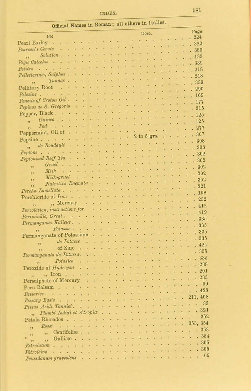 Official Names in Roman; all others in Italics. ii Dose- Pearl Barley Pearson's Cerate „ Solution Pegu Catechu Pelitre Pelletierince, Sulphas n Tannas Pellitory Root Pelosine Pencils of Croton Oil Pepinos de S. Gregorio Pepper, Black „ Guinea „ Pod . Peppermint, Oil of ' ' ' ... 2 to 5 grs. . Pepsine „ de Boudault Peptone Peptonised Beef Tea „ Gruel „ Milk „ Milk-gruel ,, Nutritive Enemata Percha Perchloride of Iron „ „ Mercury Percolation, instructions for Periwinkle, Great Permanganas Kalicus ,, Potasses Permanganate of Potassium „ de Potasse ,, of Zinc Permanganato de Potassa ,, Potasico Peroxide of Hydrogen „ „ Iron Persulphate of Mercury Peru Balsam Pessaries Pessary Basis Pessus Acidi Tannici „ Plumbi Iodidi et Atropim Petala Rhceados „ „ „ Centifoli® • „ „ Gallic® Petrolatum Peueedanum graveolens Page . . 224 . . 322 . . 380 . . 133 . . 339 . . 218 . . 218 . . 339 . . 290 . . 169 . . 177 . . 315 . . 125 . . 125 . . 277 . . 307 . . 308 . . 308 . . 302 . . 302 . . 302 . . 302 . . 302 . . 221 . . 198 . . 232 . . 412 . . 419 . . 335 . . 335 . .335 . . 335 . . 424 . . 335 . . 335 . . 238 . . . 201 . . 233 . . . 90 . . .428 . 211, 408 . . . 33 . . .321 . . 352 . 353, 354 . . .353 . . .354 . . .305 . . .305 . . . 65