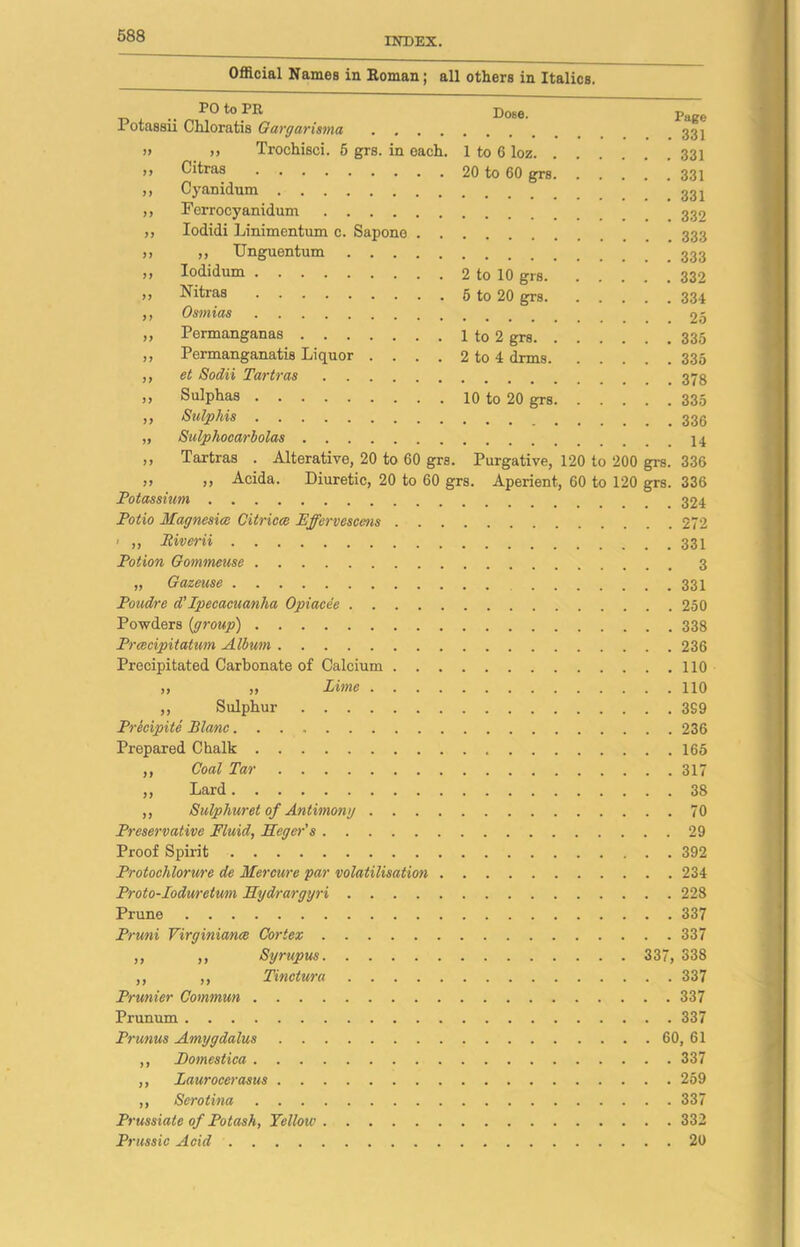 INDEX. Official Names in Roman; all others in Italics. .. to P® Dose. Page 1 otassu Chloratis Gargarisma 33 j » >> Trochisci. 5 grs. in each. 1 to 6 loz 331 ,, Citras 20 to 60 grs 331 ,, Cyanidum 33 ^ ,, Ferrocyanidum 339 ,, Iodidi Linimentum c. Sapono 333 ,, ,, TJnguentum 333 ,, Iodidum 2 to 10 grs 332 ,, Nitras 5 to 20 grs 334 ,, Osmias 25 „ Permanganas 1 to 2 grs 335 „ Permanganatis Liquor . . . . 2 to 4 drms 335 ,, et Sodii Tartras ,, Sulphas 10 to 20 grs 335 „ Snip his „ Sulphocarbolas ,, Tartras . Alterative, 20 to 60 grs. Purgative, 120 to 200 grs. 336 ,, ,, Acida. Diuretic, 20 to 60 grs. Aperient, 60 to 120 grs. 336 Potassium, Potio Magnesiat Citricce Effervesccns 272 1 ,, Piverii Potion Gommeuse 3 „ Gazeuse 331 Poudre d’Ipecacuanha Opiacee 250 Powders [group) 338 Prcecipitatum Album 236 Precipitated Carbonate of Calcium 110 ,, „ Lime 110 ,, Sulphur 3S9 Precipite Blanc 236 Prepared Chalk 165 ,, Coal Tar 317 ,, Lard 38 ,, Sulphur et of Antimony 70 Preservative Fluid, Ileger's 29 Proof Spirit 392 Protochlorure de Mercure par volatilisation 234 Proto-loduretum Hydrargyri 228 Prune 337 Pruni Virginiamce Cortex 337 ,, ,, Syrupus 337, 338 ,, ,, Tinctura 337 Prunier Commun 337 Prunum 337 Prunus Amygdalus 60, 61 ,, Domestica 337 ,, Laurocerasus 259 ,, Serotina 337 Prussiate of Potash, Yellow 332 Prussic Acid 20