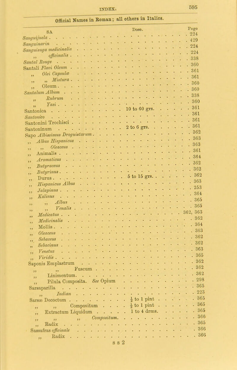 Official Names in Roman; all others in Italics. Dose. 10 to 60 grs. 2 to 6 grs. SA Sanguijuela Sanguinarin Sanguisuga medicinalis „ officinalis Santal Rouge Santali Flavi Oleum „ Olei Capsules ,, „ Mistura ,, Oleum Santalum Album „ Rubrum » Tasi Santonica Santonico Santonini Trochisci Santoninum Sapo Albissimus Broguistarum ,, Albus Hispanicus ,, ,, Oleaceus „ Animalis ,, Aromaticus „ ,, Butyrinus „ 5 t0 15 grs- • ,, Hispanicus Albus ,, Jalapinus „ Kalinus „ „ „ ,, Venalis ,, Medicatus ... ,, Medicinalis „ Mollis ,, Oleaceus ,, Sebaceus „ Sebacinus ,, Yenetus ' ,, Viridis Saponis Emplastrum „ „ Fuscum ,, Linimentum ,, Pilula Composita. See Opium Sarsaparilla ,, Indian Sarsse Decoctum to 1 pint . „ ,, Compositum .... ^ to 1 pint . ,, Extractum Liquidum 1 to 4 drms. ,, ,, Compositum. „ Radix Sassafras officinale ,, Radix Page . 224 . 429 . 224 . 224 . 338 . 360 . 361 . 361 . 360 . 360 . 338 . 360 . 361 . 361 . 361 . 361 . 362 . 363 . 363 . . 361 . . 364 . 362 . . 362 . . 362 . . 363 . . 253 . . 364 . . 365 . . 365 362, 363 . . 362 . . 364 . . 363 . . 362 . . 362 . . 363 . . 365 . . 362 . . 362 . . 362 . . 298 . . 365 . . 223 . . 365 . . 365 . . 365 . . 366 . . 365 . 366 . . 366 8 S 2