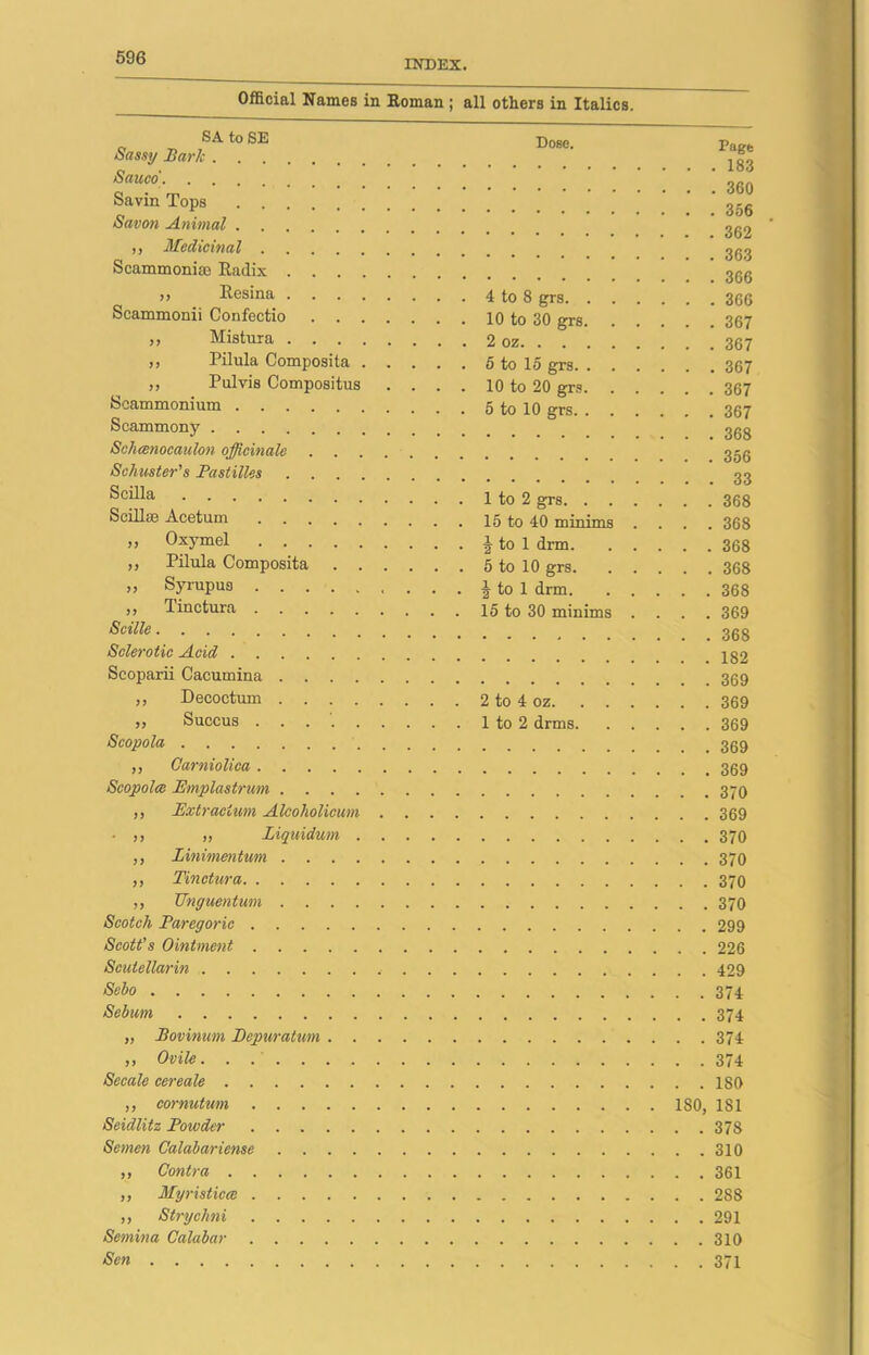 INDEX. Official Names in Roman SA to SE Sassy Bark Sailed Savin Tops Savon Animal ,, Medicinal Scammonim Radix ,, Resina Scammonii Confectio ,, Mistura ,, Pilula Composita .... ,, Pulvis Compositus . . . Scammonium Scammony Schcenocaulon officinale Schuster's Pastilles Scilla SciHse Acetum ,, Oxymel ,, Pilula Composita ,, Syrupua ,, Tinctura Scille Sclerotic Acid Scoparii Cacumina ,, Decoctum ,, Succus ........ Scopola ,, Carniolica Scopolce JEmplastrum ,, Bxtraduni Alcoholicum . . . • ,j ,, Liquidum .... ,, Linimentum ,, Tinctura ,, TJnguentum Scotch Paregoric Scott's Ointment Scutellarin Seho Sebum „ Bovinum JDepuratum ,, Ovile. . Secale cereale ,, cornutum Seidlitz Powder Semen Calabariense ,, Contra ,, Myristicce ,, Strychni Semina Calabar Sen all others in Italics. Dose. 4 to 8 grs. . . 10 to 30 grs. 2 oz 5 to 15 grs. . . 10 to 20 grs. 5 to 10 grs. . . 1 to 2 grs. . . . 15 to 40 minims . 2 to 1 drm. . . 5 to 10 grs. . . J to 1 drm. . . 15 to 30 minims . 2 to 4 oz. 1 to 2 drms. Page . . 183 . . 360 . . 356 . . 362 . . 363 . . 366 . . 366 . . 367 . . 367 . . 367 . . 367 . . 367 . . 368 . . 356 . . 33 . . 368 . . 368 . . 368 . . 368 . . 368 . . 369 . . 368 . . 182 . . 369 . . 369 . . 369 . . 369 . . 369 . . 370 . . 369 . . 370 . . 370 . . 370 . . 370 . . 299 . . 226 . . 429 . . 374 . . 374 . . 374 . . 374 . . ISO ISO, 1S1 . . 378 . . 310 . . 361 . . 288 . . 291 . . 310 . . 371